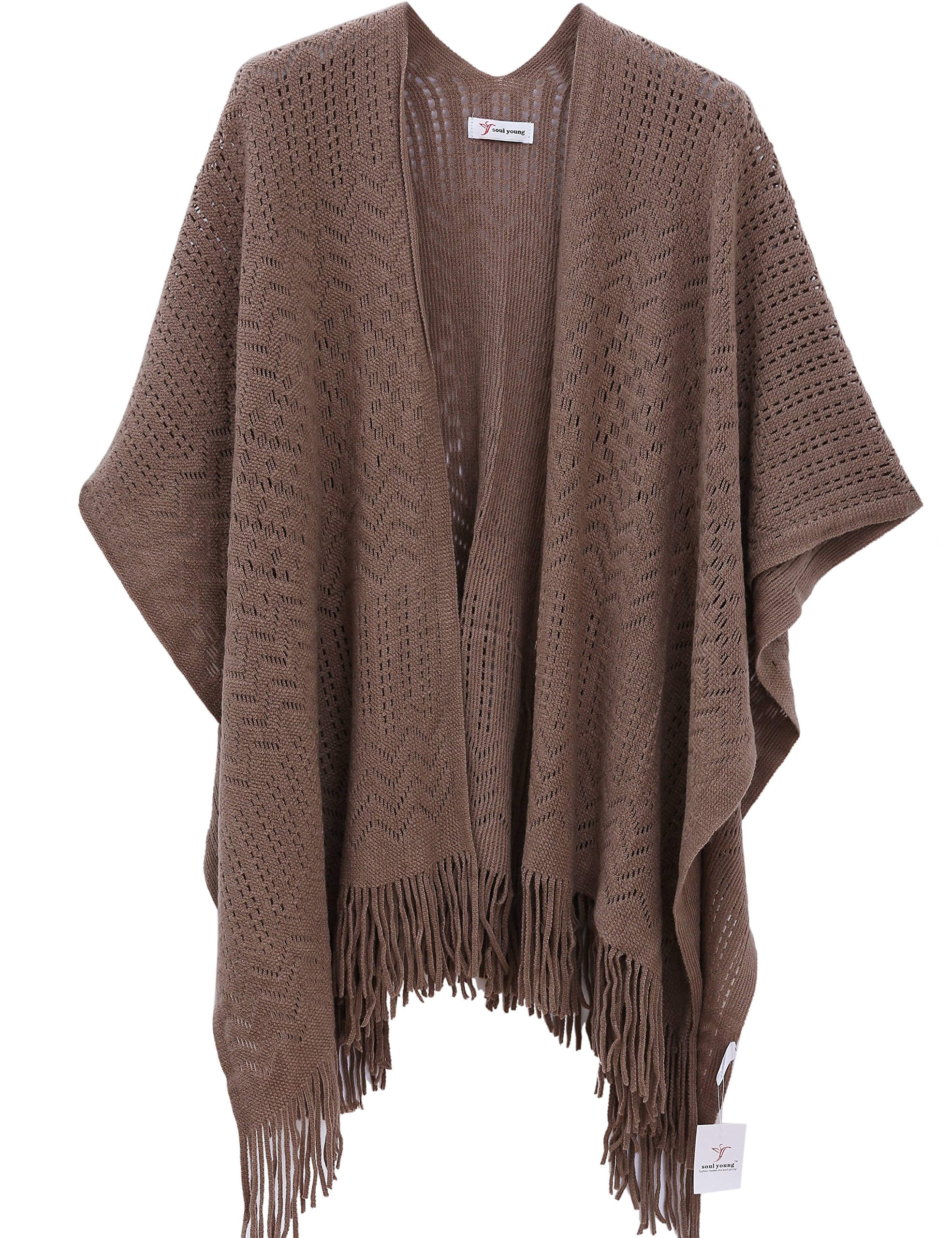 Knit Shawl Wrap for Women - Soul Young Ladies Fringe Knitted Poncho Cardigan Cape