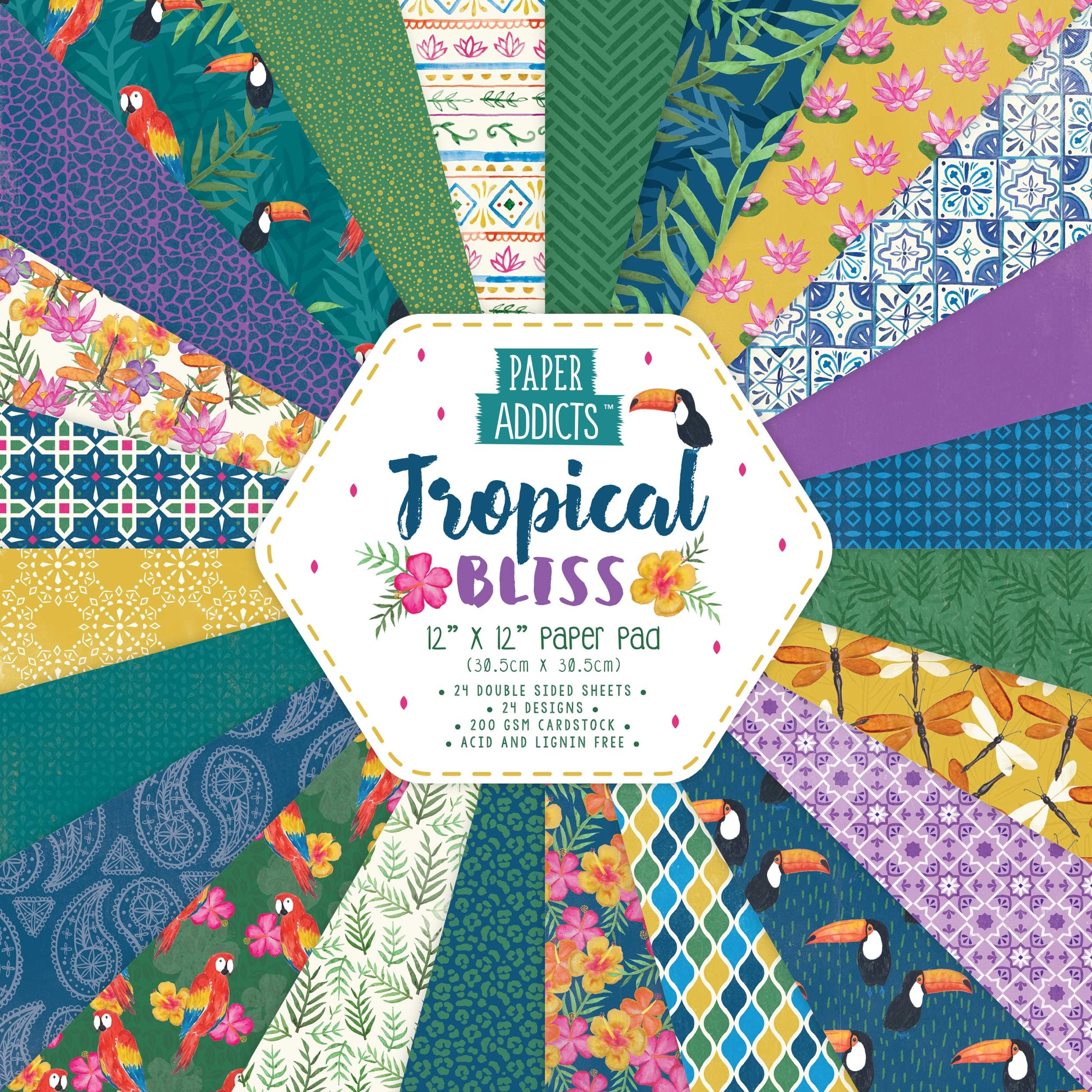 Paper Addicts Tropical Bliss Paper Pad-24 Designs-Doubled Sided Papers-200GSM-Acid & Lignin Free-for Card Making, Papercraft, Scrapbooking, Die Cutting and Home Décor, Multicolour, 12"x12"