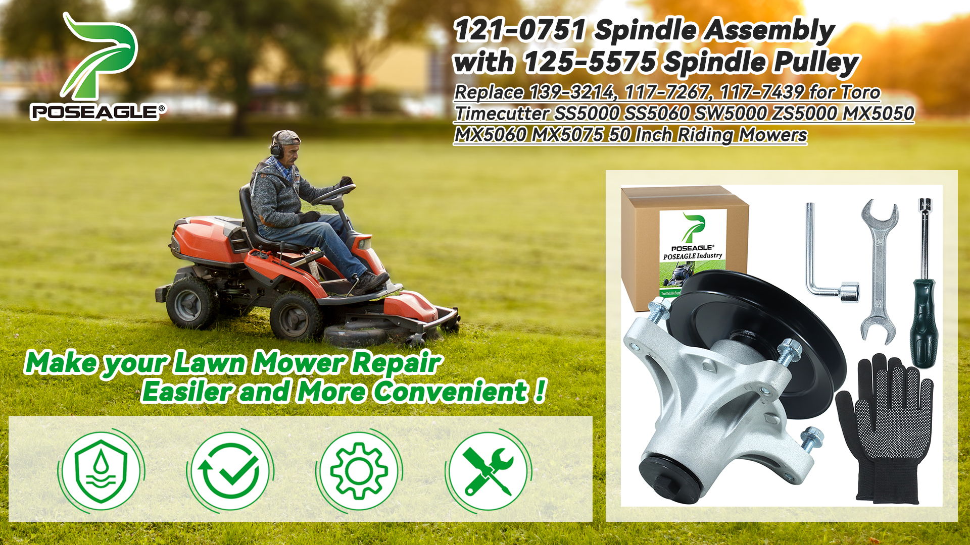 Amazon.com: POSEAGLE 121-0751 主軸組件125-5575 滑輪替換Toro