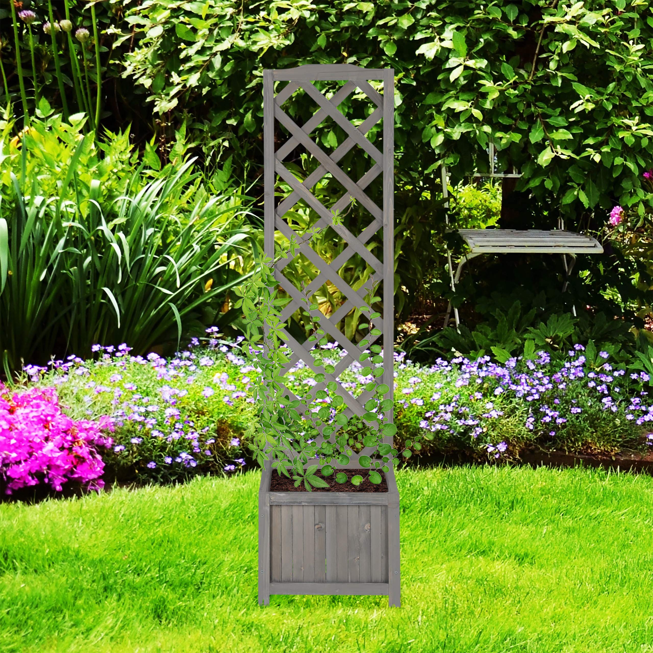 Relaxdays Enrejado de jardín con macetero, Madera de abeto, 35 L, 150 cm, Gris
