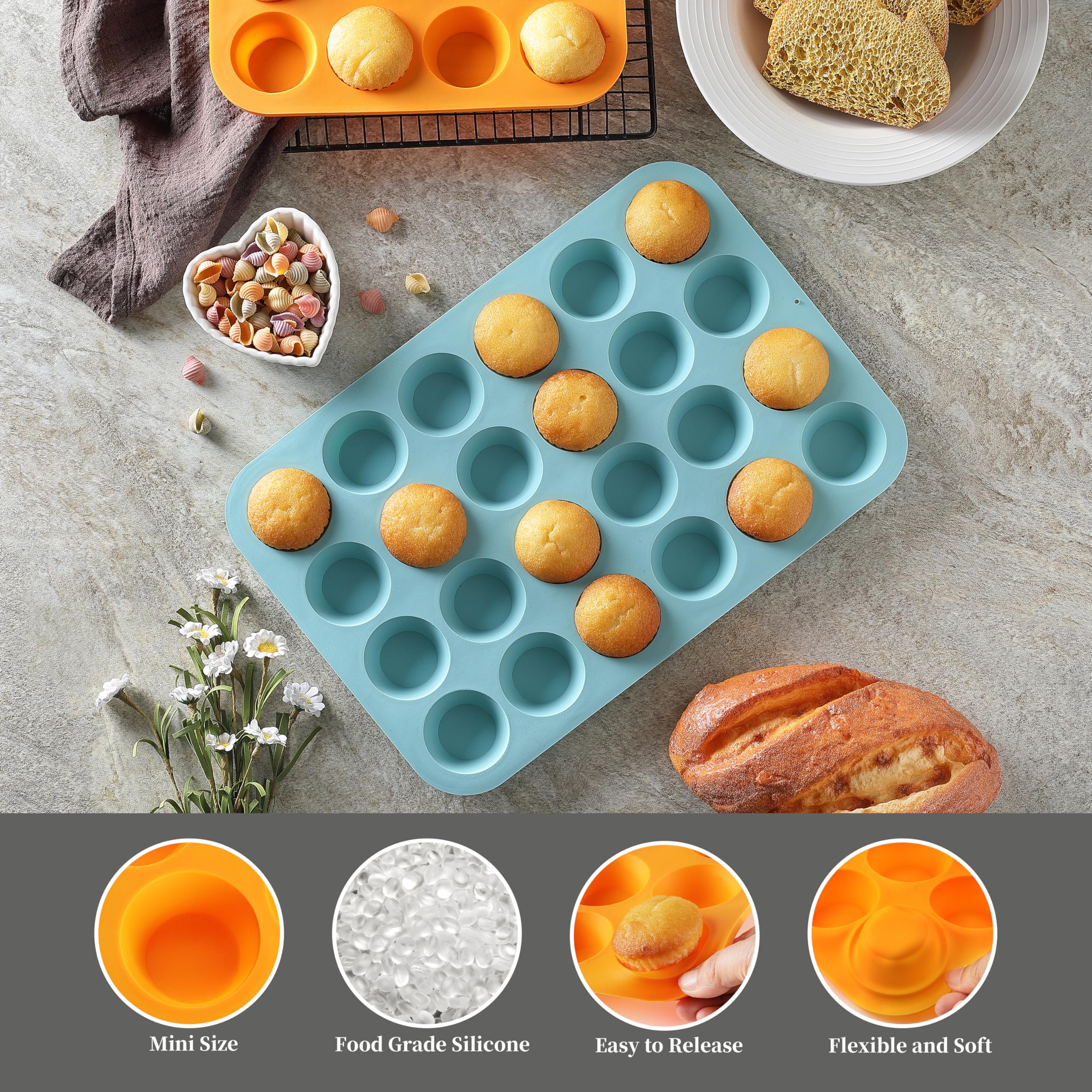 Little Cook - Juego de 2 moldes de silicona para magdalenas y magdalenas, antiadherente, sin BPA, apto para lavavajillas, perfecto para hacer magdalenas, pasteles, tartas (naranja + azul pavo real)