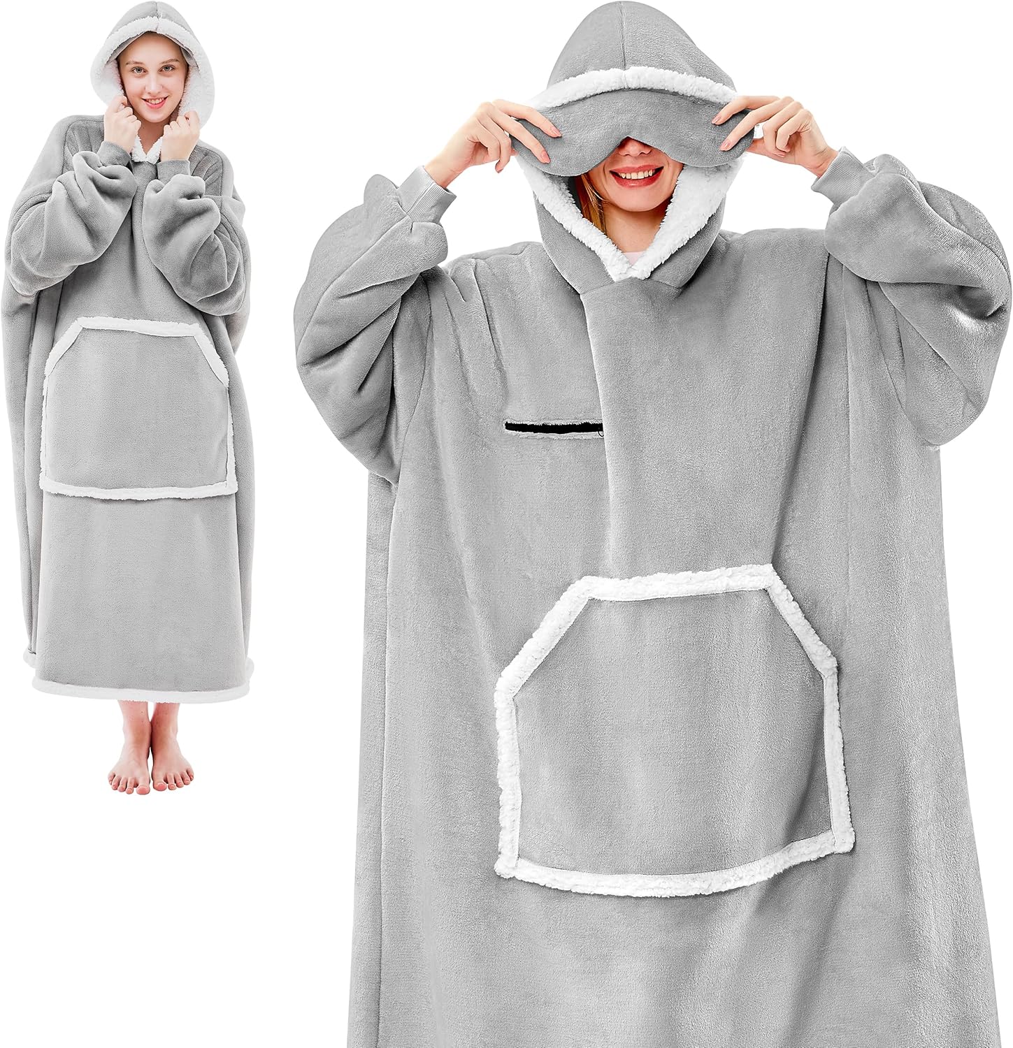 IFNOW Wearable Blanket Hoodie, Oversized Sherpa Fleece Hooded Sweatshirt with Eye Mask, Cozy and Giant Blanket Hoodie with Sleeves Extra Long for Adults Men Women, Grey