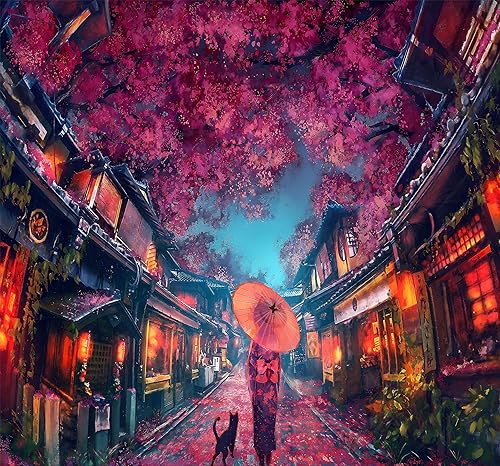 Miniatura 7 de Aidatain Tapiz de anime japonés antiguo japonés de paisaje de calle, tapiz de farol de flor de cerezo, tapiz grande de 90 pulgadas de largo x 84