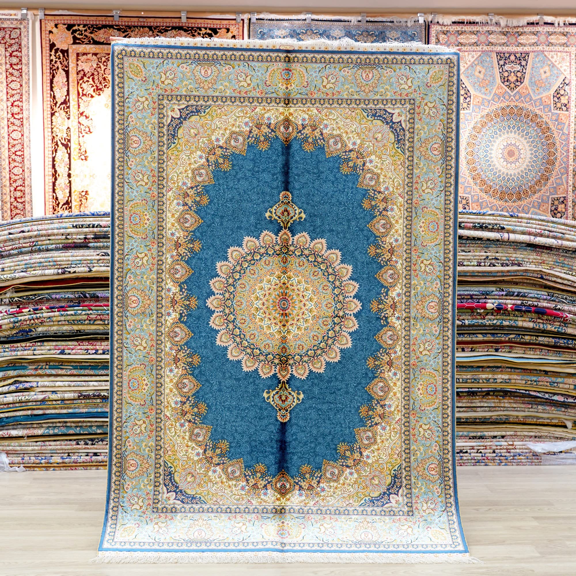 Oriental Silk Carpet 4x6 Blue Hand Woven Traditional Medallion Vintage Luxury Silk Living Room Rug