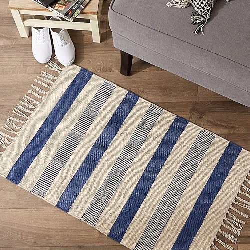 Miniatura 2 de DII Colección Woven Rugs Tejida a mano con flecos, 2x3 pies, rayas combinadas azul francés