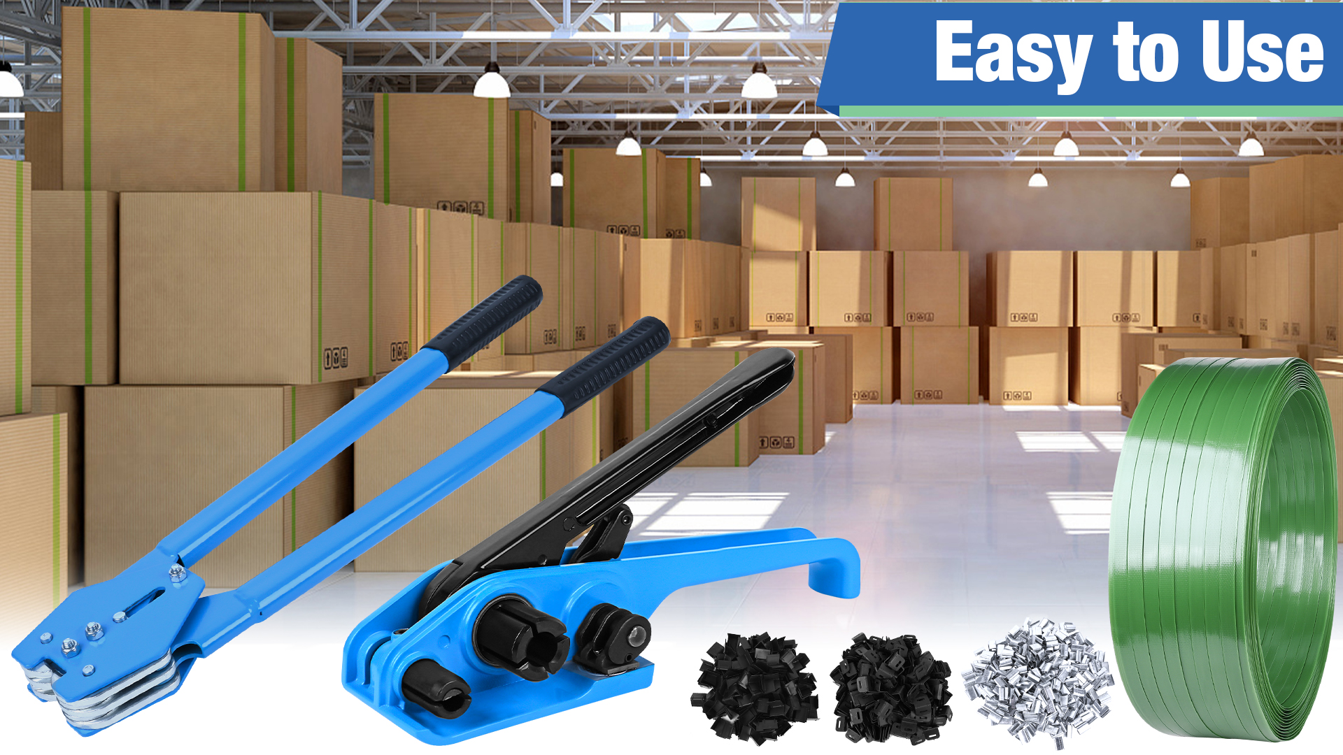 Image of MYFAMIREA Banding Packaging Pallet Strapping Kit Poly Strapping Tensioner Tool, Banding Sealer Tool, 1772 FT Banding, 400 Metal Seals Seals, 200 Packaging Corner, 200 Perforated Wrapping Corner (Blue)