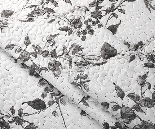 Miniatura 4 de Marina Decoration Juego de colcha de verano de 3 piezas con 2 fundas acolchadas, diseño de ramas florales de crisantemo gris, tamaño King