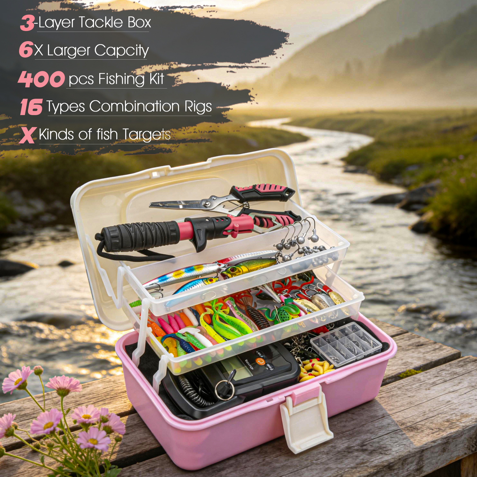 THKFISH 400PCS Large 3-Layer Tackle Box Fishing Lures Accessories Kit