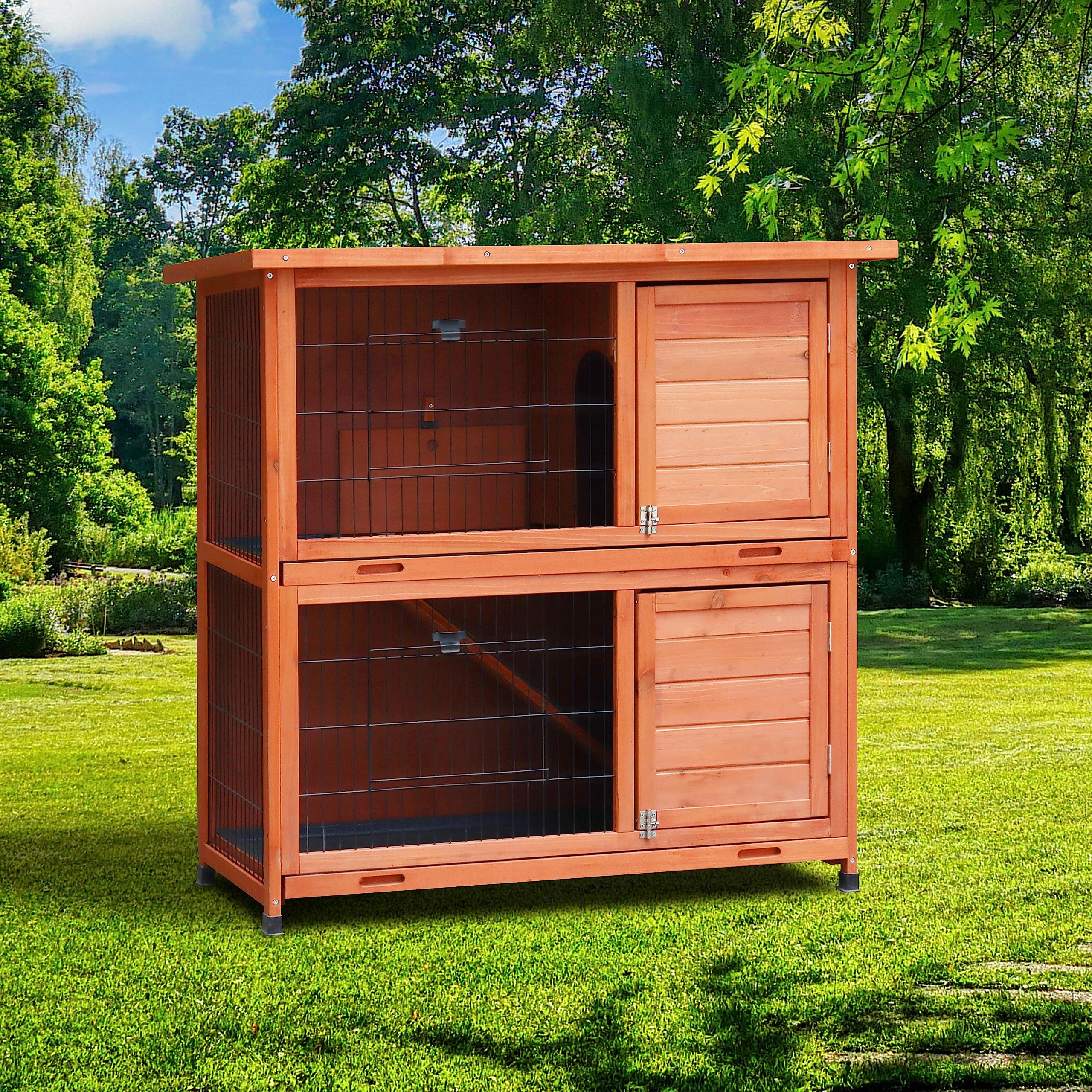 Rabbit Hutch, 41" 2-Story Wooden Rabbit Hutch Elevated Bunny Cage Small Animal Habitat Guinea Pig House with Ramp, 2 No Leak Tray, Waterproof Roof, for Small Animals