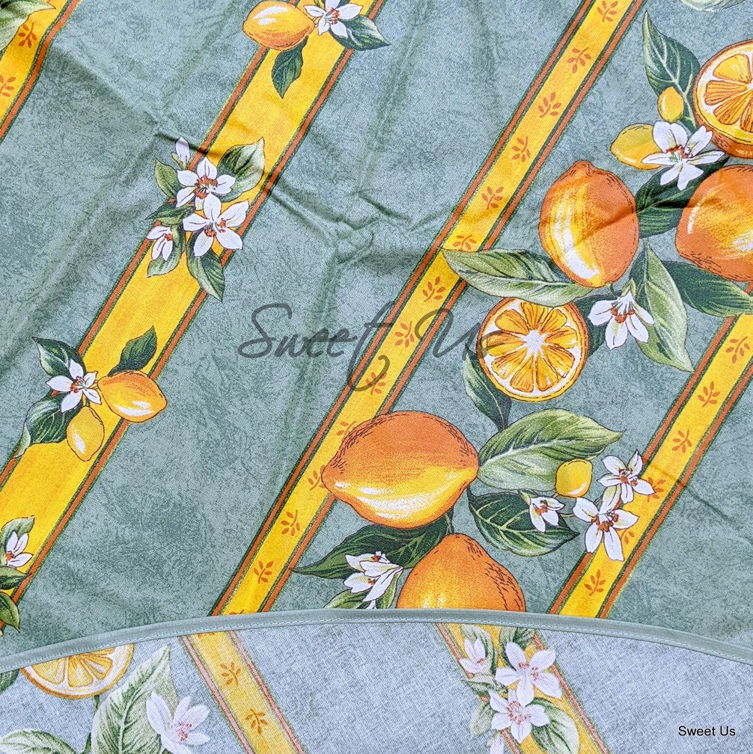 Citron Wipeable Tablecloth Spill Resistant Acryllic Coated, Floral Cotton French Provencal Tablecloth for Rectangle Tables, for Indoor and Outdoors, Green, 60-in Round