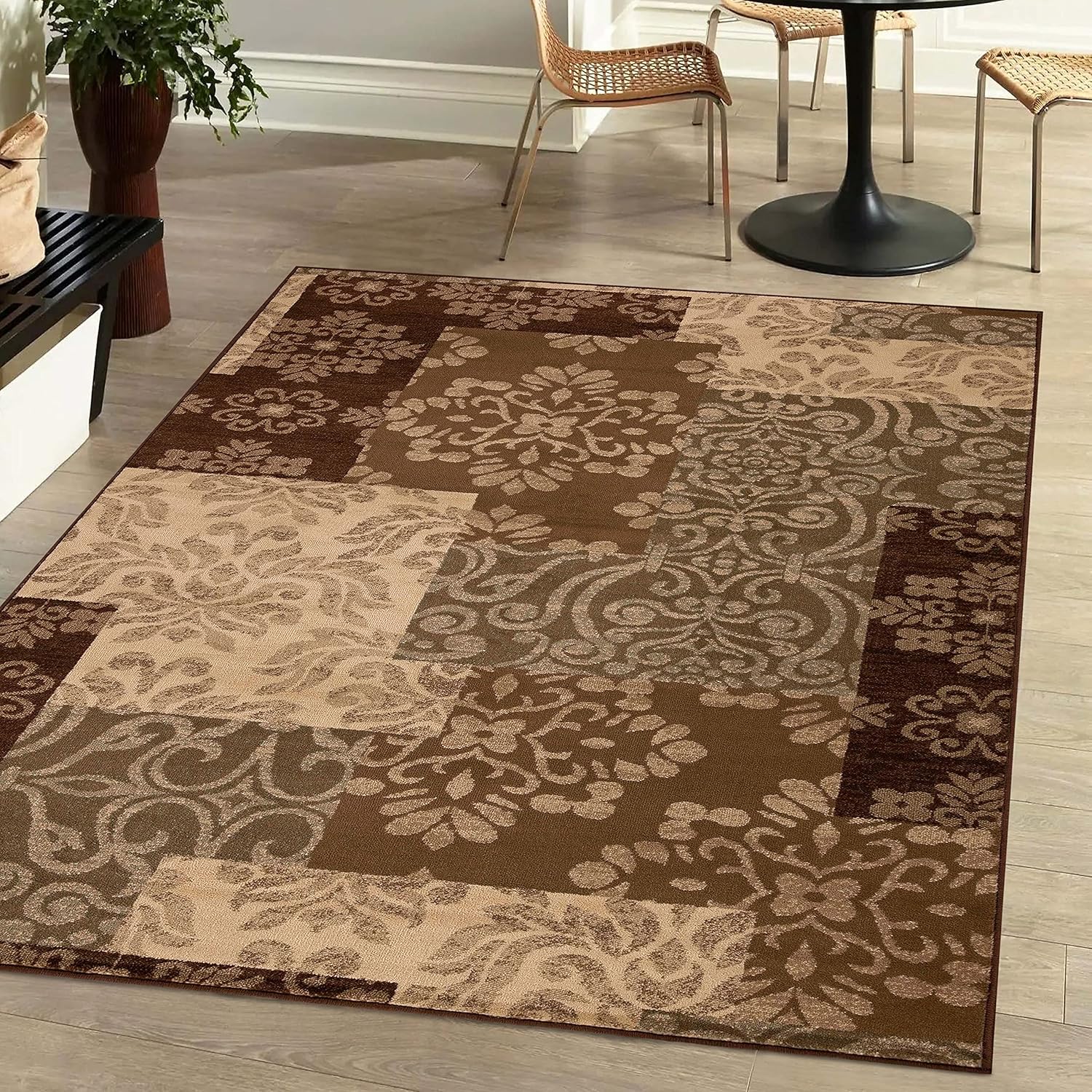 Superior Indoor Area Rug, Jute Backing, Modern Farmhouse Floral Color Block, Ideal for Entryway, Living Room, Kitchen, Bedroom, Hallway, Floor Cover, Rockhill Collection, 5' x 8', Beige