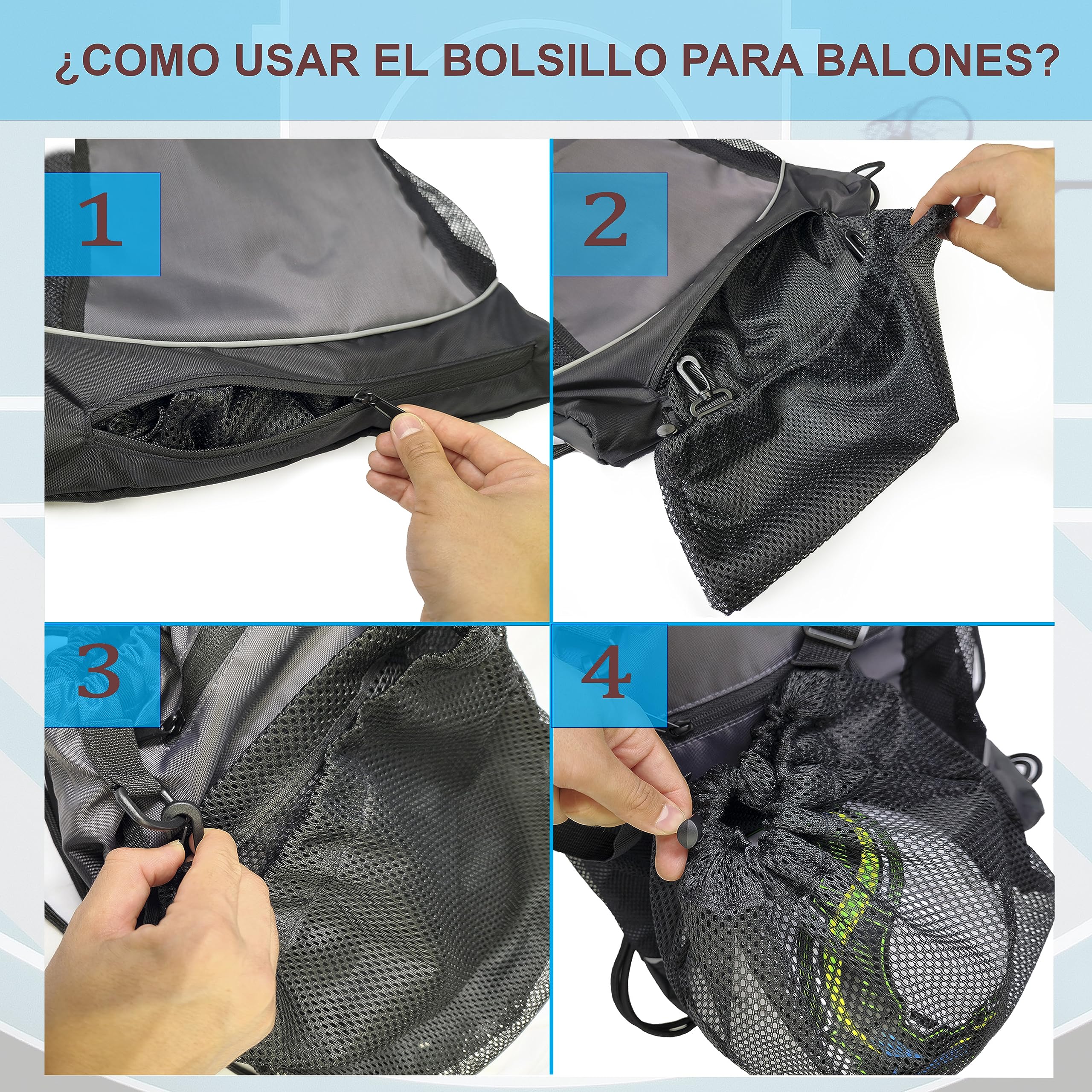 Mochila para Pelotas de Baloncesto, Cuerdas Deportiva, Incluye Inflador Portátil Negro