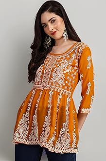 EthnicJunction Georgette Women Chikan Embroidery Short A-Line Kurti | Summer Kurti | Short Kurti for Women | Top for Office | Women's Tunics Tops | Kurta Shirt Top | Regular Fit Top