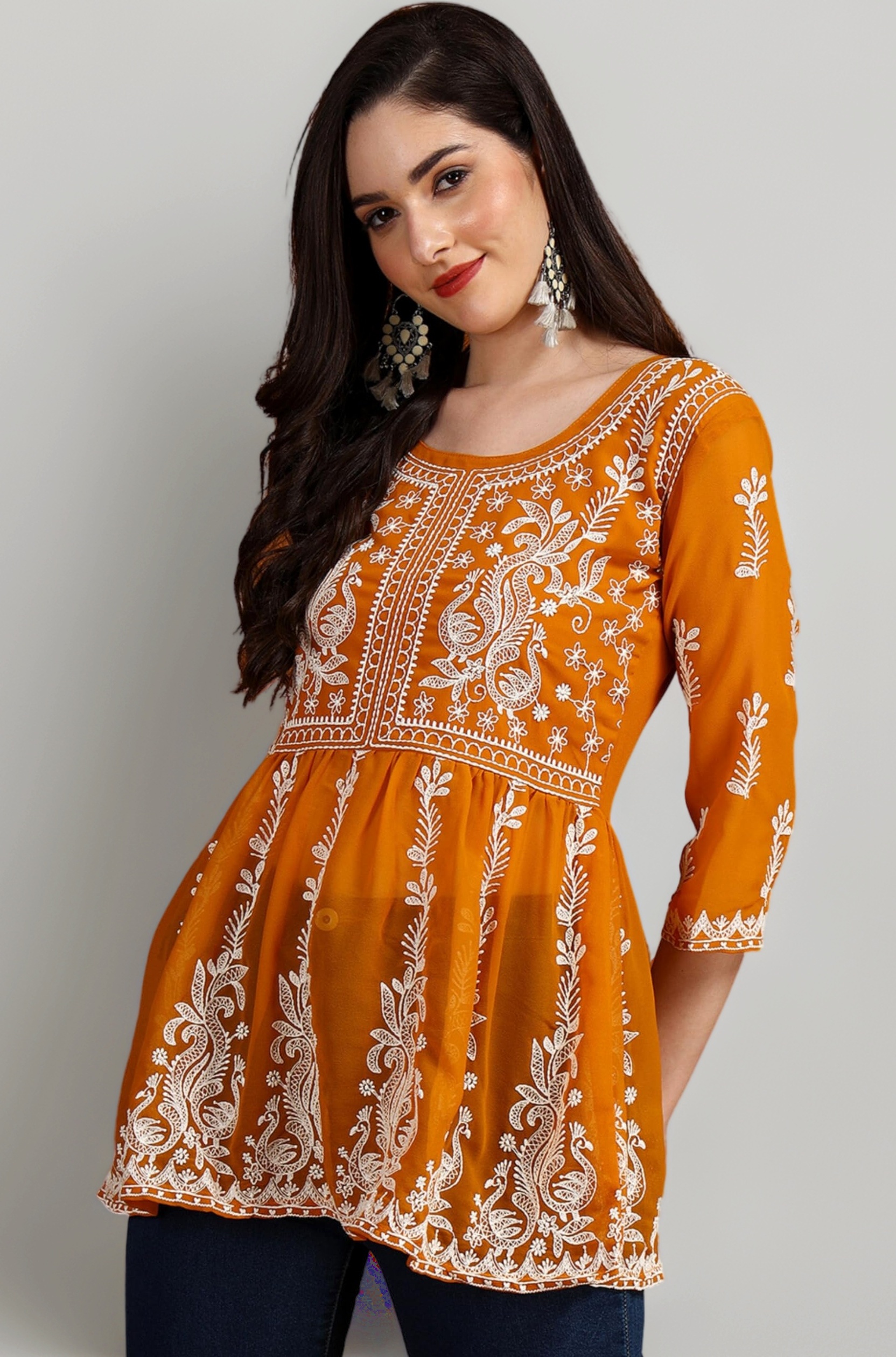 EthnicJunction Georgette Women Chikan Embroidery Short A-Line Kurti | Summer Kurti | Short Kurti for Women | Top for Office | Women's Tunics Tops | Kurta Shirt Top | Regular Fit Top