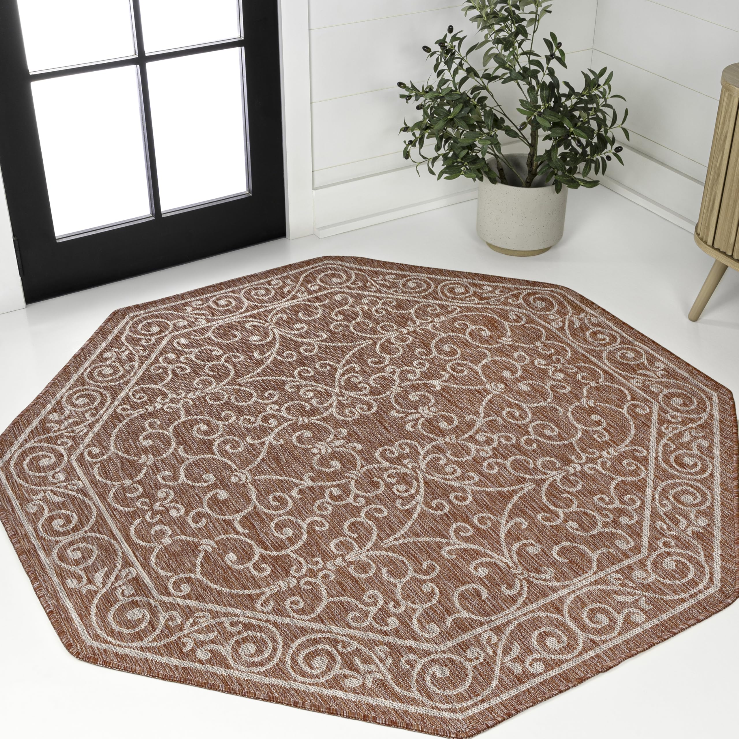 JONATHAN Y SMB106B-5TGN Charleston Vintage Filigree Textured Weave Red/Beige 5' Octagon Indoor/Outdoor Area Rug, Non-Shedding, Stain Resistant,Fade Resistant, Easy-Cleaning for Backyard Patio, Porch