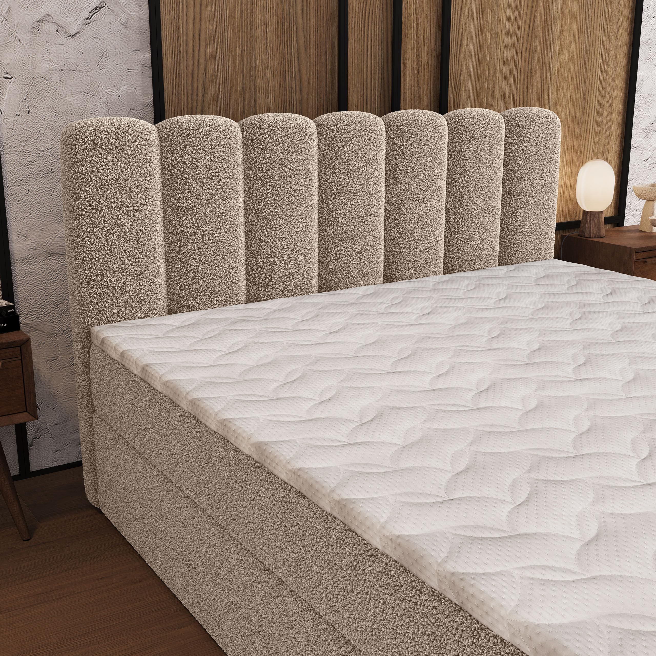 Masseno Boxspringbett CELLA Q 140x200 cm Komplett-Set mit Matratze und Topper, Polsterbett mit Zwei Bettkästen -Beige, Quelle 05