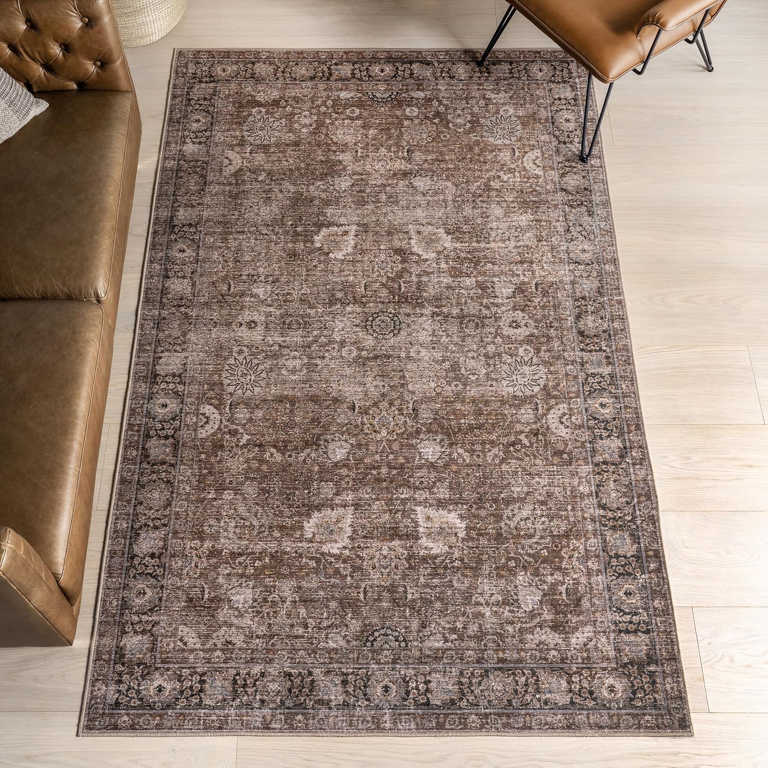 Rugs USA Bayberry Spill Proof Vintage Machine Washable Area Rug, 8x10, Brown
