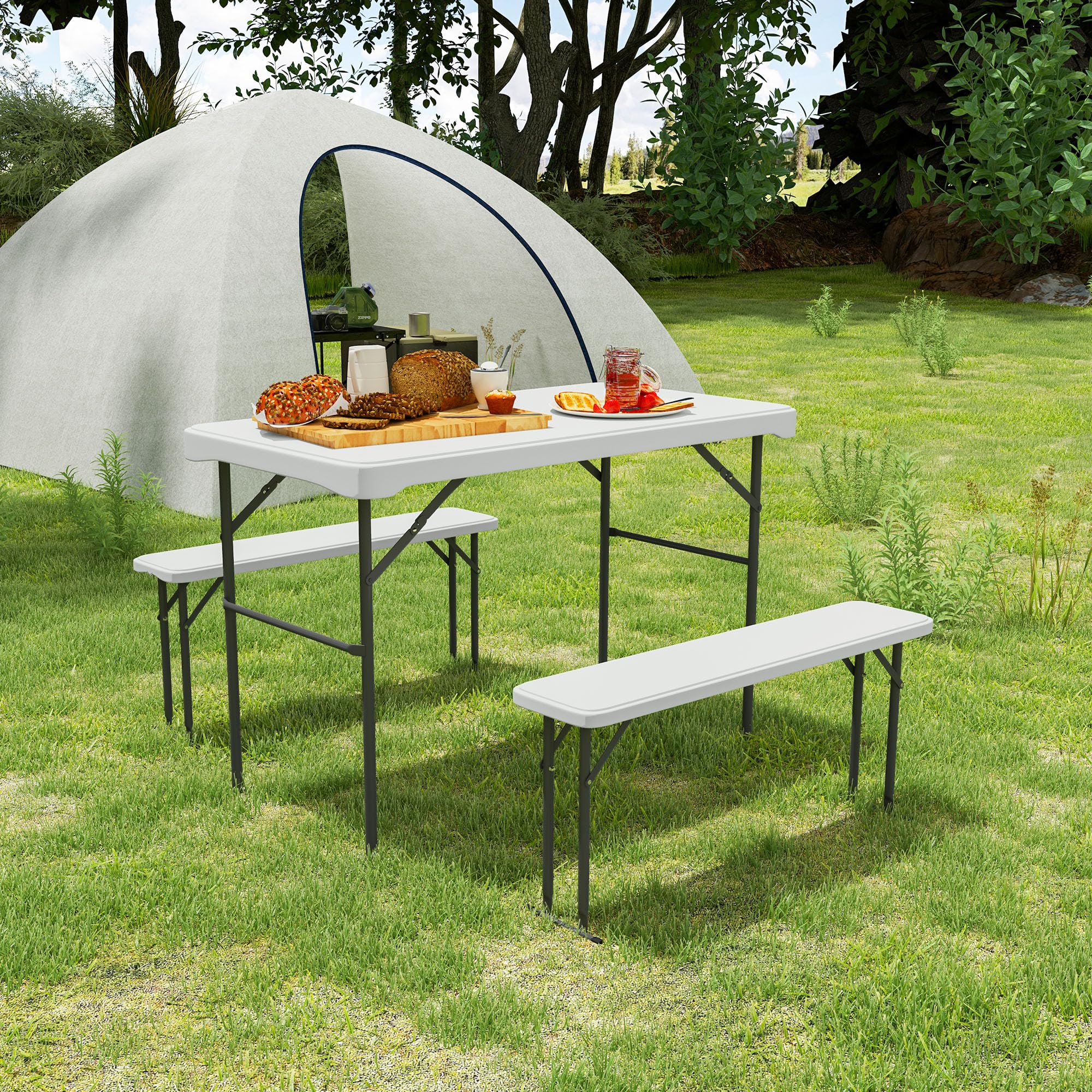 Outsunny Set tavolo pieghevole e panche da picnic 113 cm, tavolo da campeggio pieghevole con sedie portatili con maniglie per il trasporto, pieghevole, grigio chiaro