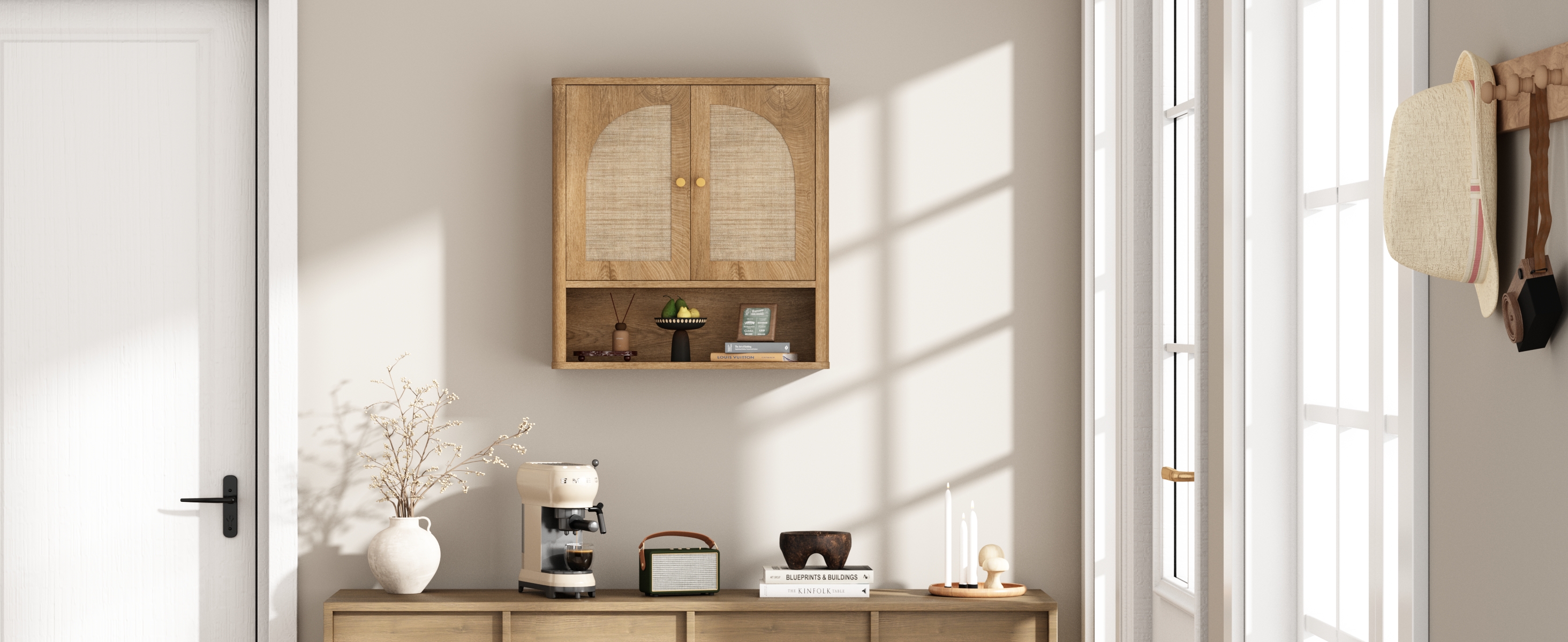 Armario de baño mural RUSTOWN de ratán con 2 puertas arqueadas y estante ajustable | Armarios de almacenamiento sobre inodoro, armario de medicamentos moderno con bordes redondeados, organización para baño estilo mid-century miniatura 7