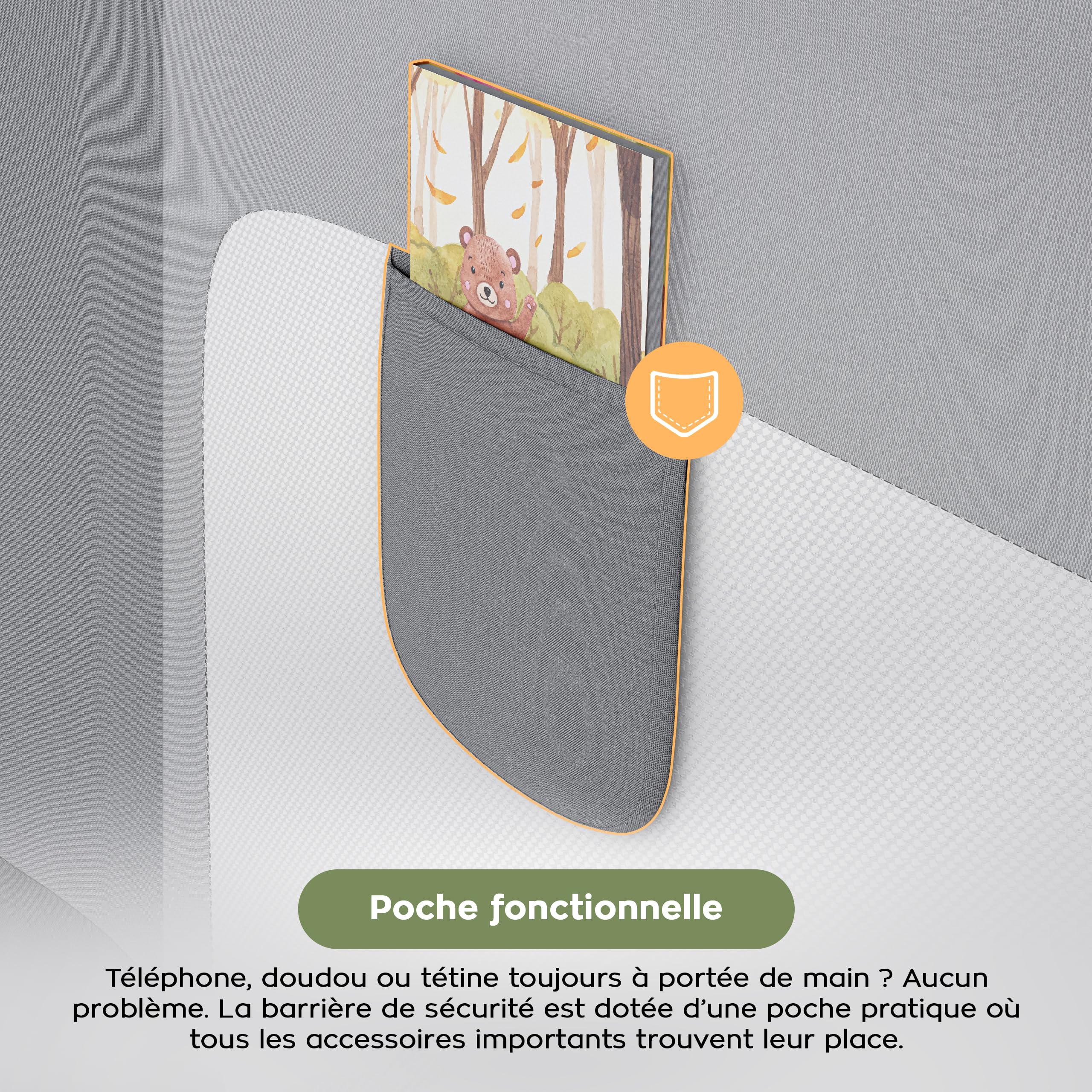 TULANO Cover 44 Barrière de lit Enfant 140 cm, avec Poche latérale, Gris