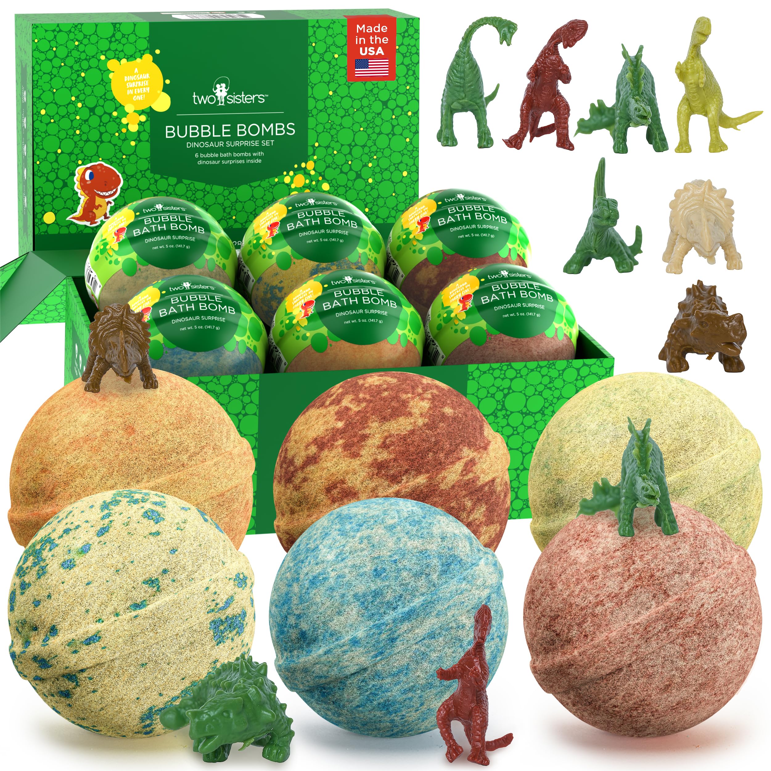 Dinosaur Bath Bombs for Kids with Surprise Dino Toys Inside (6 Pack) - Large Bubble Bath Bombs for Boys and Girls - USA Made, Fruity Scents, Children and Teen Gift Ideas by Two Sisters