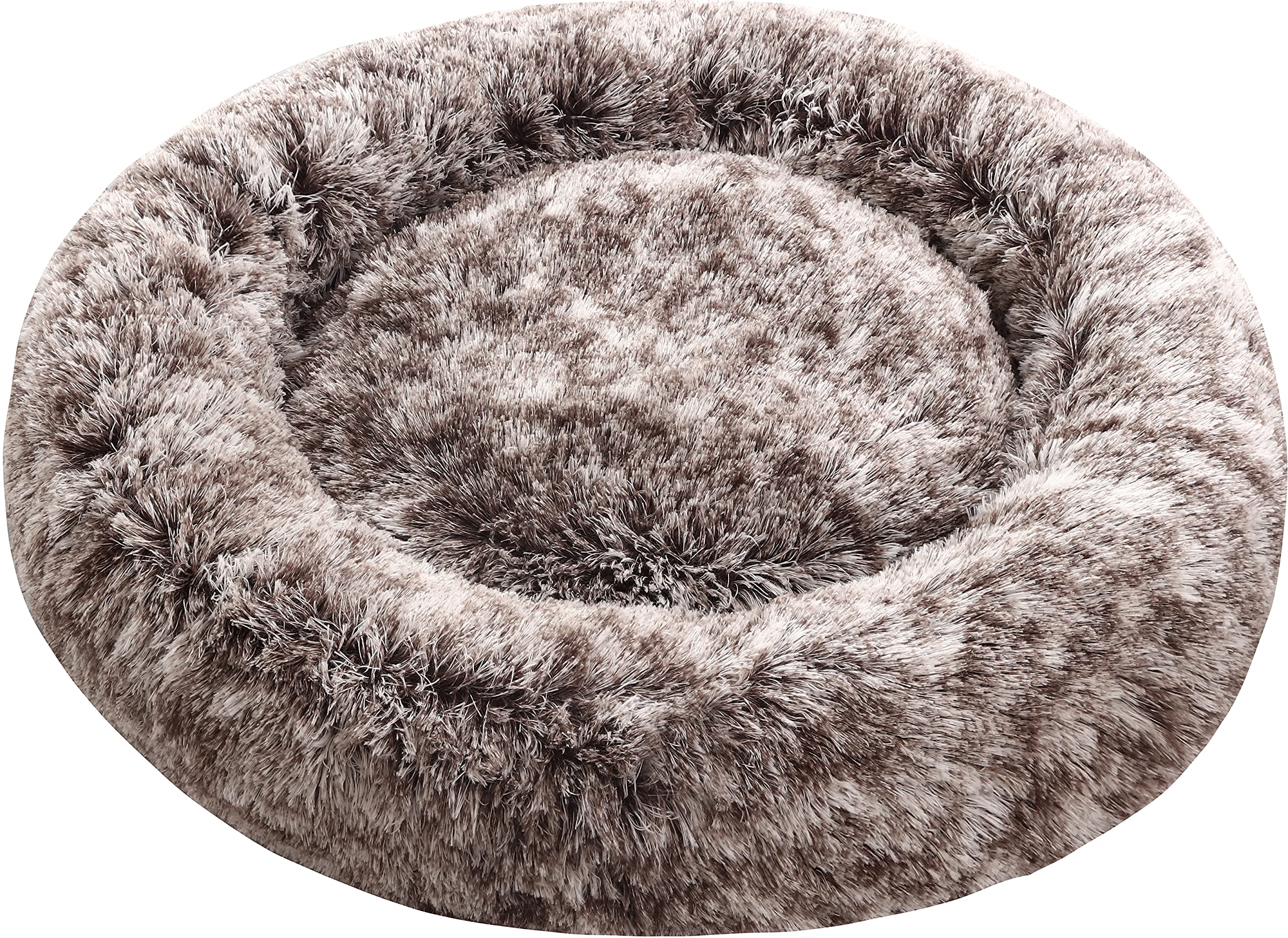 Comlax Calming Donut Dog Beds XL, Round Cushion with Removable Washable Cover, Anti-Anxiety Faux Fur Cuddler, Fluffy Comfy Furry Pet Bed (80cm, Brown)