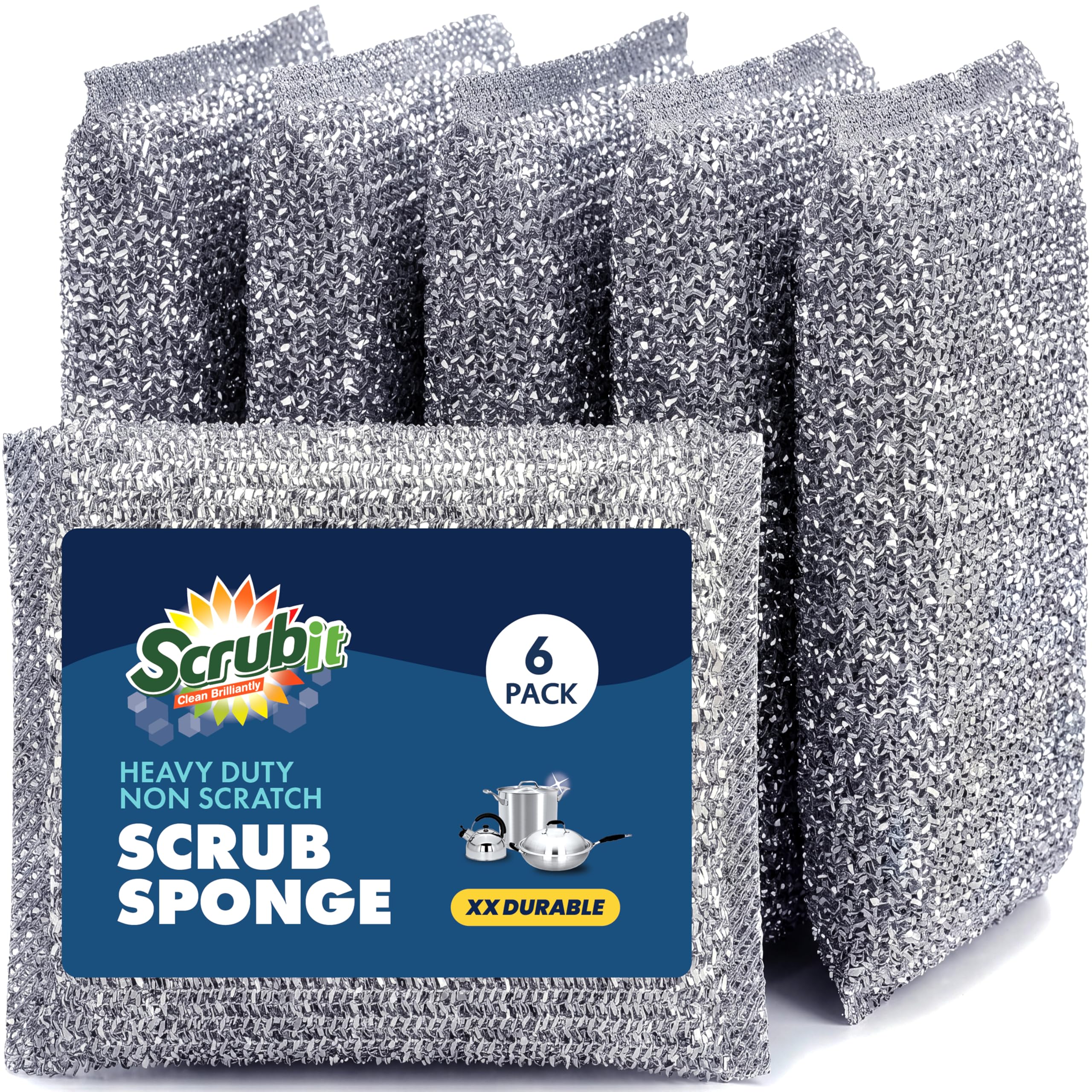 Scrubit Silver Scrub Sponges For Kitchen, Non-Scratch Dish Sponges, Heavy Duty Steel Wool Scrubber Sponges Kitchen & Dishes Scrubbers (6)