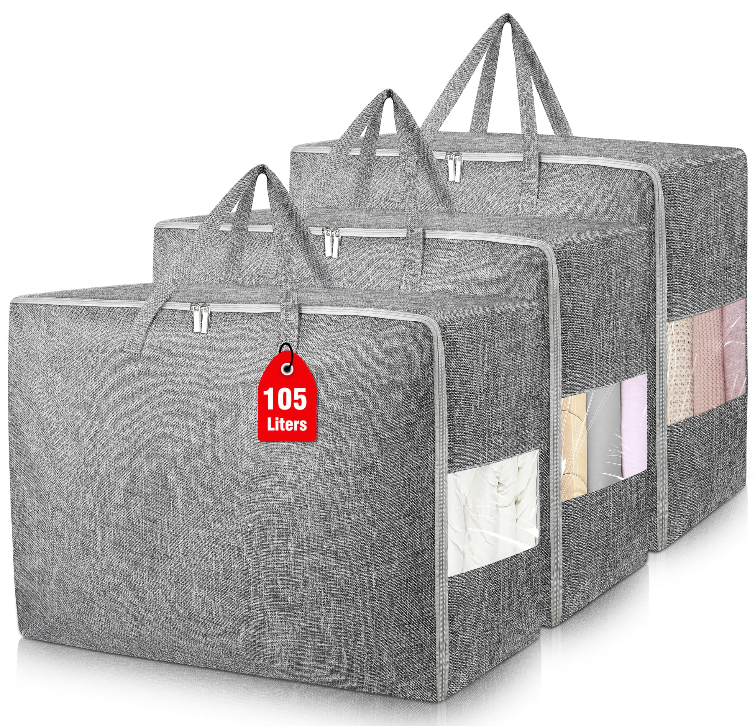 Paquete de 3 bolsas de almacenamiento extragrandes de 105 litros, bolsas de almacenamiento plegables para edredón y mantas, organizadores de armario y contenedores de almacenamiento para ropa con asas