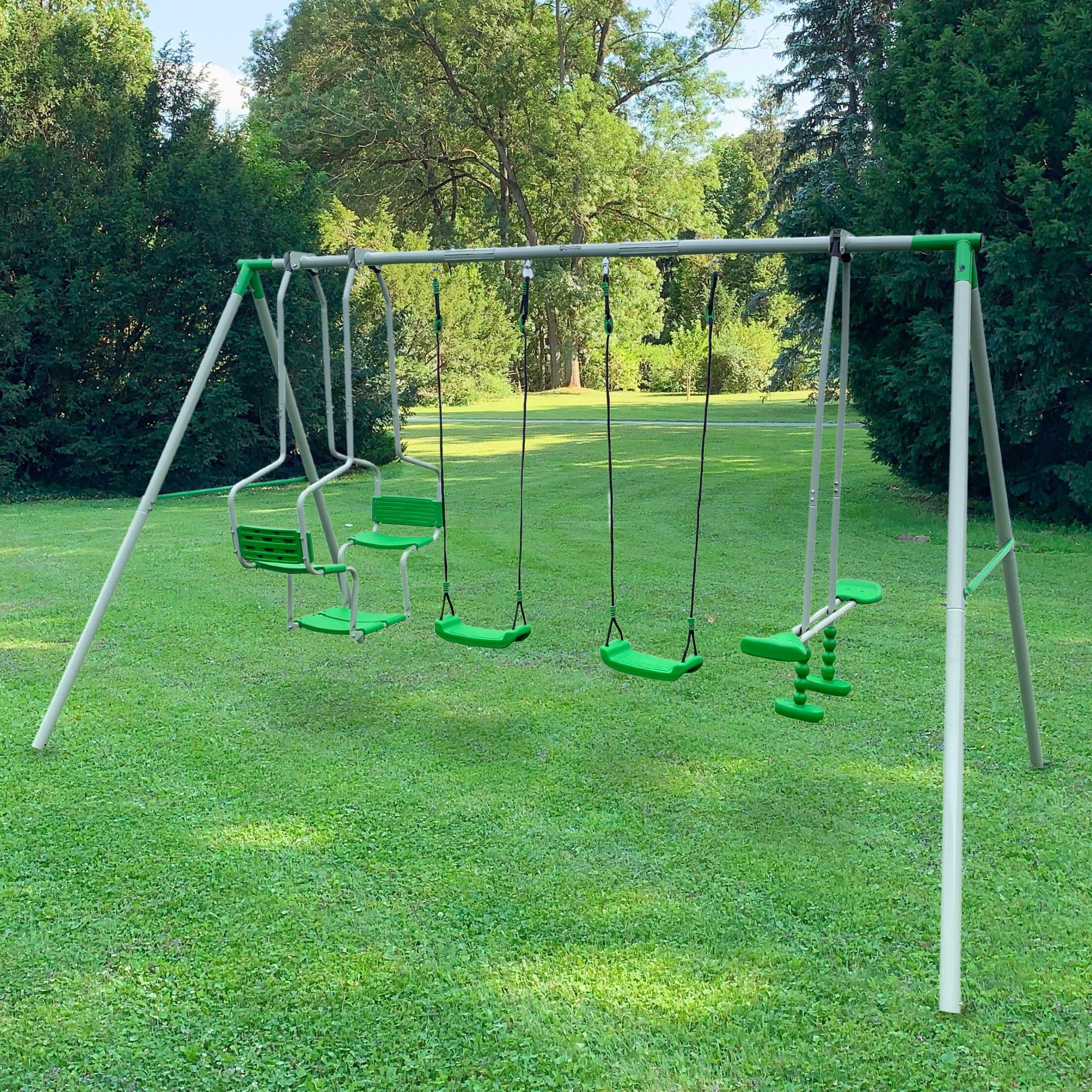 HyperMotion 6-Personen-Schaukel für Kinder 3+, Gartenschaukel mit 2 klassischen Schaukeln, Wippschaukel und Doppelschaukel, verstellbare Seile, wetterfest, Grün