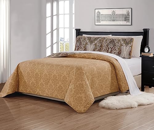 Miniatura 2 de MK Home 3 piezas KingCalifornia King Colcha acolchada Estampado Floral Blanco Marrón Verde Reversible Gris Topo Más Tamaño Nuevo # Portia 66