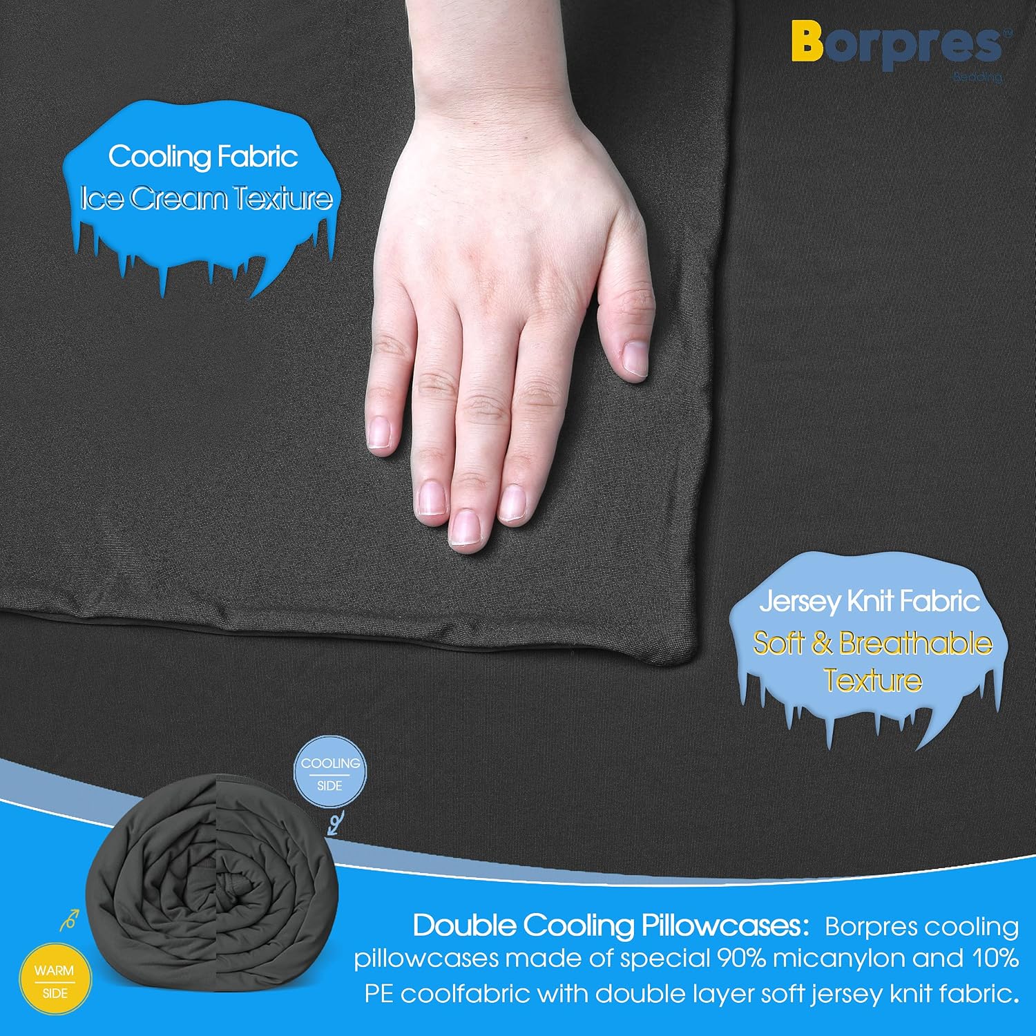BORPRES Cooling Pillowcase,Japanese Chill-Plus Tech,Q-MAX>0.43 Cooling Fiber, Absorbs Heat Keep Cool,Double Sided Design,Idea for Hot Sleeper Night Sweats All Seasons Queen Size,Black