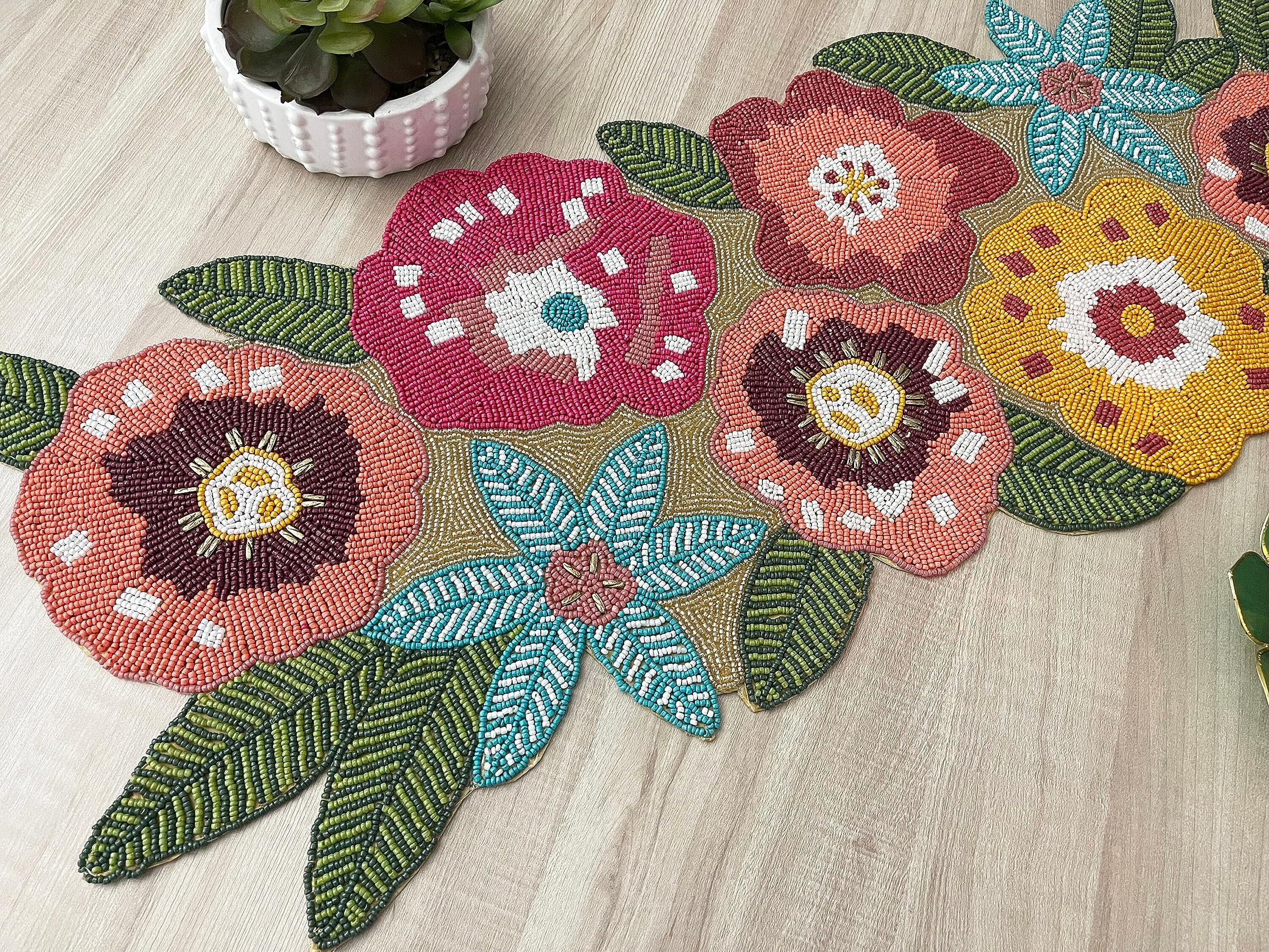 Handmade Spring Beaded Table Runner, 13x36 Inches Lightweight Decorative Table Runner, Perfect for Dining/Wedding/Party/Everyday Use & Easy to Clean, Elegant Floral Beaded Runner (Multicolor)