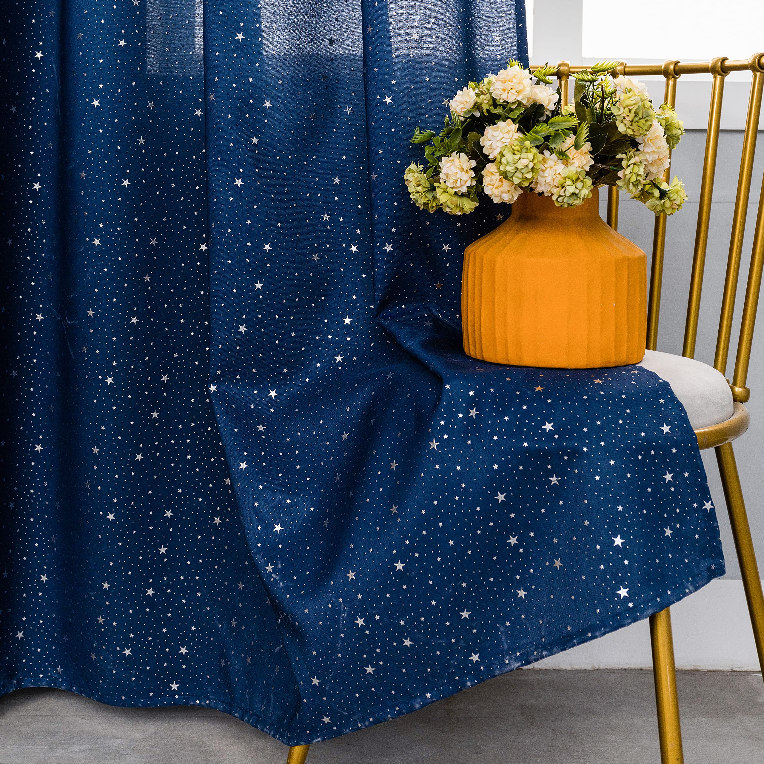 GIRASOLE HOME® Coppia Tende Blu Navy Semi Oscuranti Fantasia Stelline Argentate Tenda per Soggiorno Camera Cameretta Cucina e Interni 2 Pannelli con Occhielli (Blu Navy, 140x290cm)