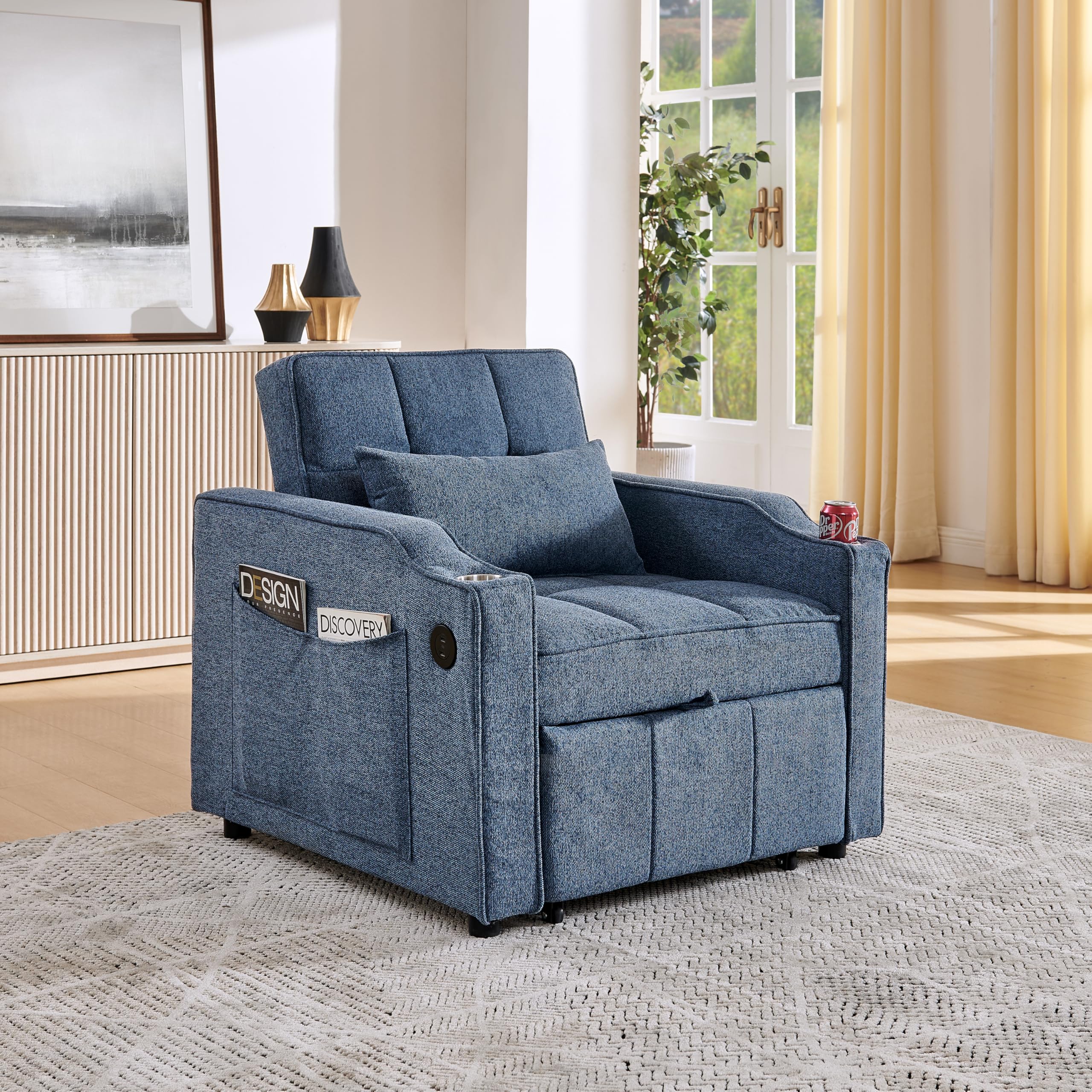 Generisch 3-in-1 Schlafsessel Marineblau 190cm Liegefläche mit USB/Type-C Anschluss, Edelstahl-Getränkehalter, 3-stufig Verstellbarer Rückenlehne, Seitentaschen, Schlafsofa für kleine Räume & Gäste
