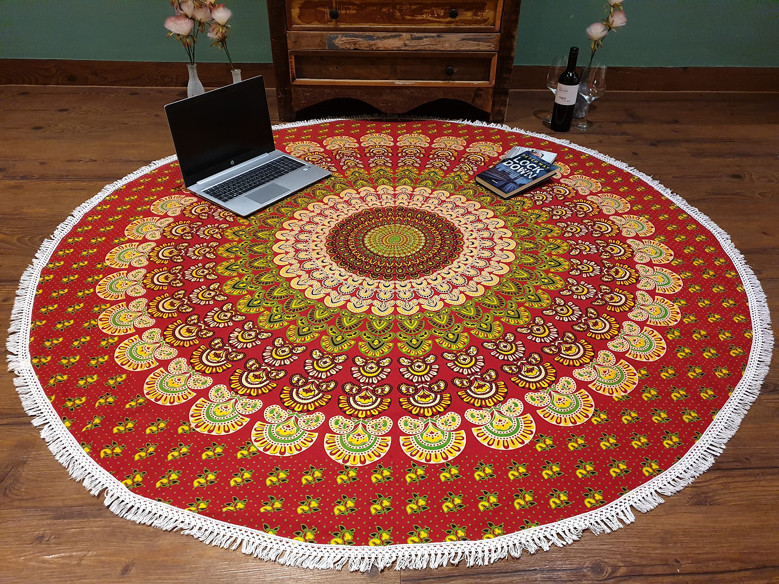 Tapis Mandala Rond Indien 180 Cm Bleu-Violet - 100% Coton Pour Plage, Yoga, Pique-Nique Et Décoration