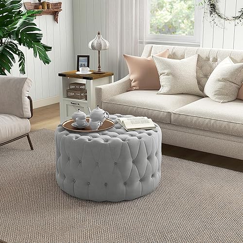Miniatura 9 de HOMCOM Taburete redondo otomano, tapizado de tacto aterciopelado con diseño capitoné de botones y asiento acolchado para sala de estar, entrada,