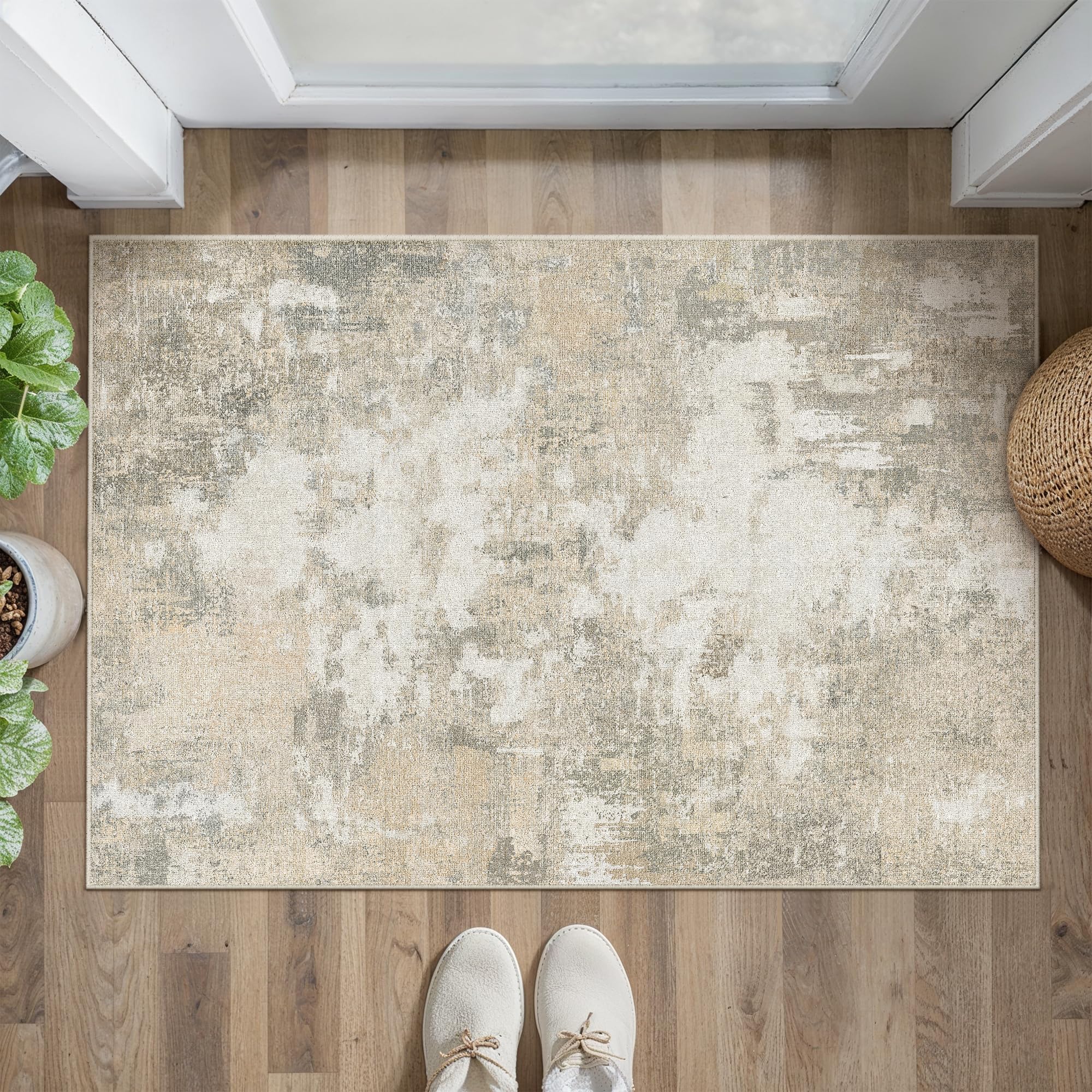 PureCozy Beige FußMatte 60x90 cm Abstraktes Teppich, Schlafzimmer Waschbare Kurzflor Boho Carpet,Langlebig und Pflegeleicht, Orientalisch Ethno Muster, Balkon Wintergarten Rug