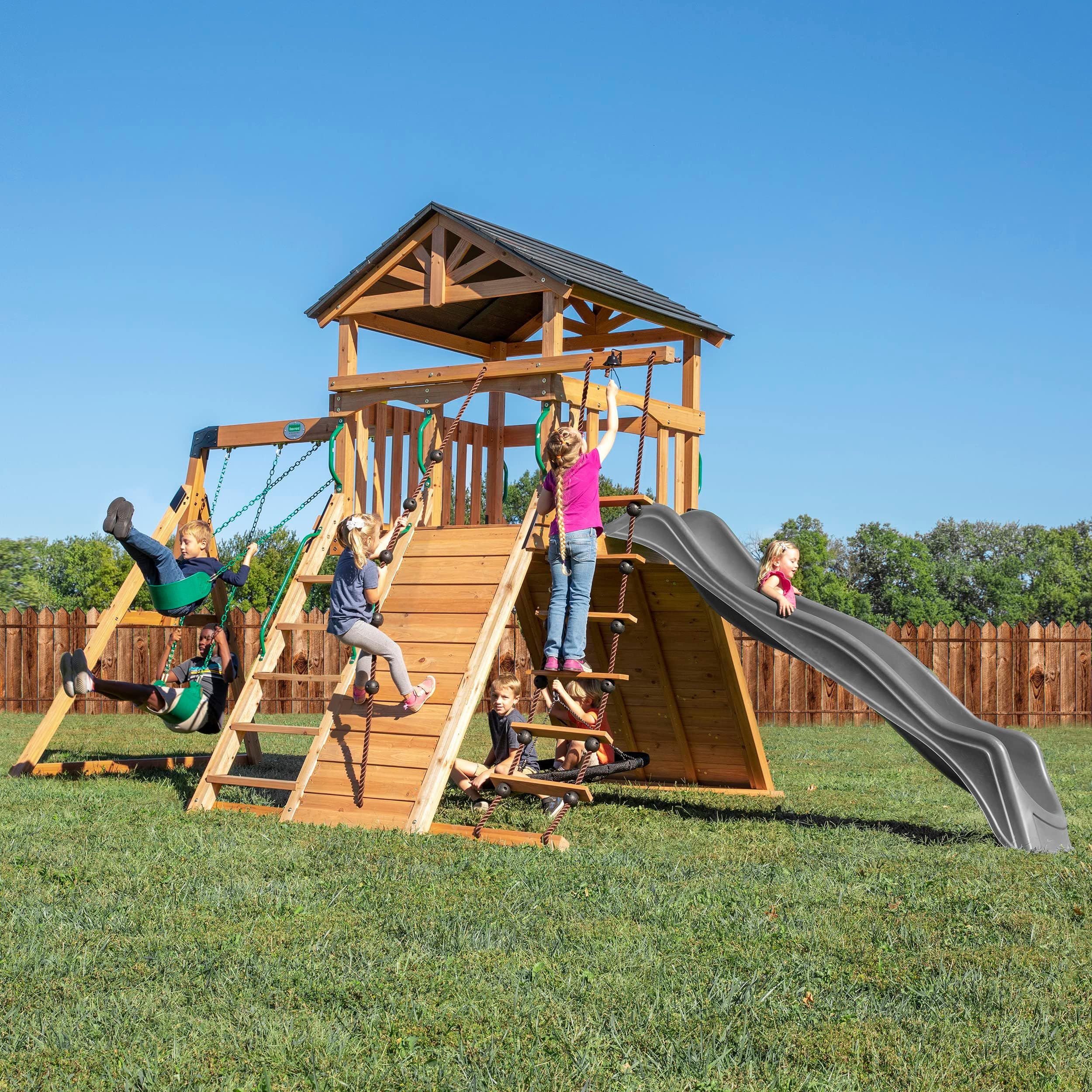 Endeavor Cedar Wood Swing Set with Wave Slide, Play Deck, Double Rock Wall, Rope Ladder, Climbing Wall, Belt Swings, 40-Inch Web Swing, Step Ladder, Toy Telescope, Outdoor Playset