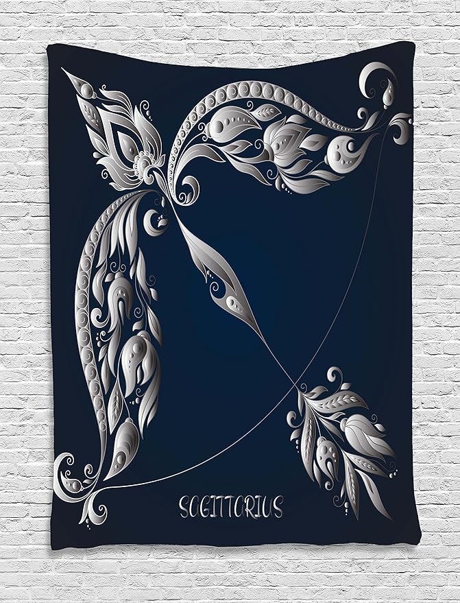 Ambesonne Zodiac Sagittarius Tapestry, Hand Drawn Bow Arrow Motif Leaves Flowers Astrology Sign, Wall Hanging for Bedroom Living Room Dorm Decor, 40