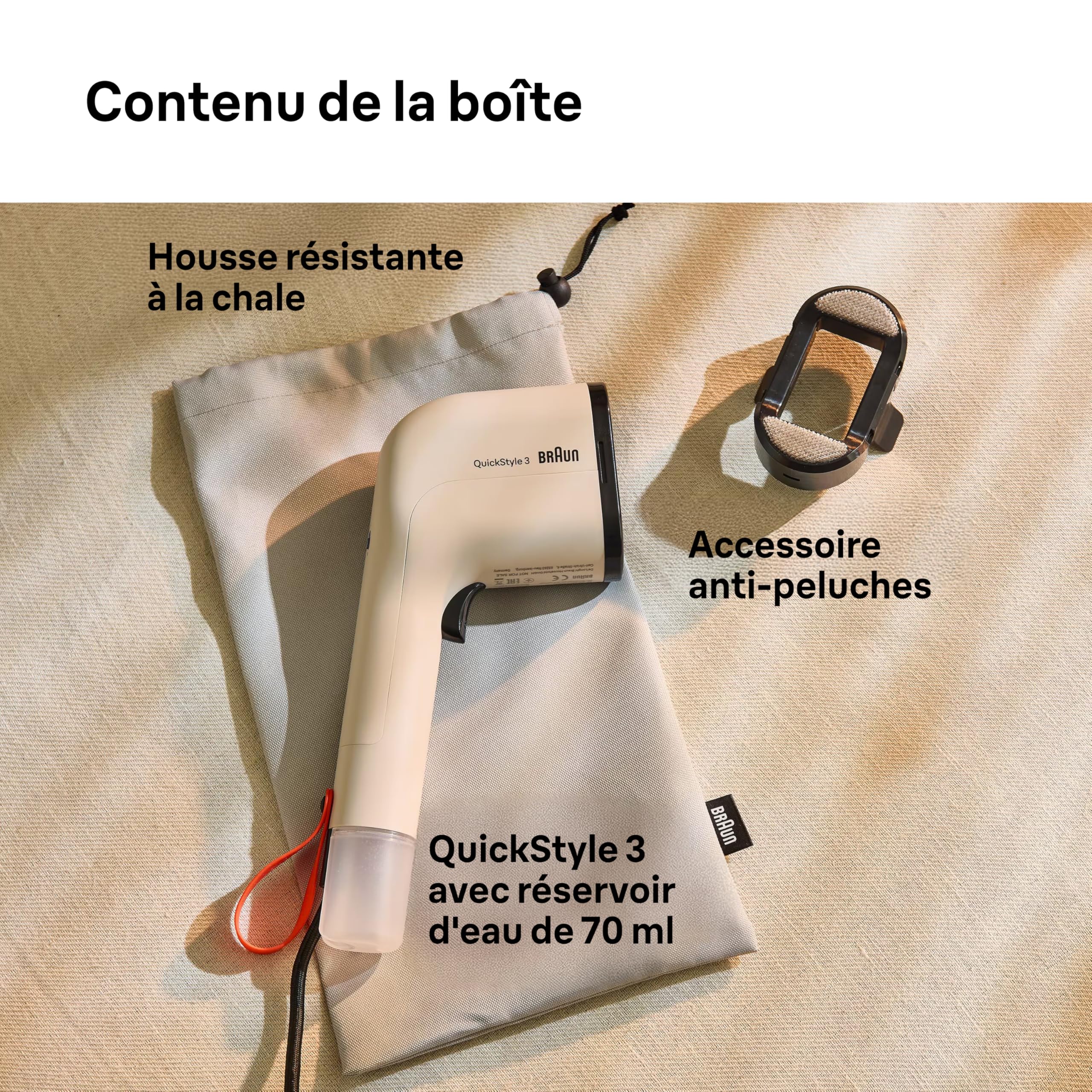 Braun QuickStyle 3, Défroisseur Vapeur Compact et Léger à Chauffage Rapide, Vapeur 20g/min, Réservoir Amovible de 70ml, Sac Résistant à la Chaleur, 1100W, Beige (GS3012BG)