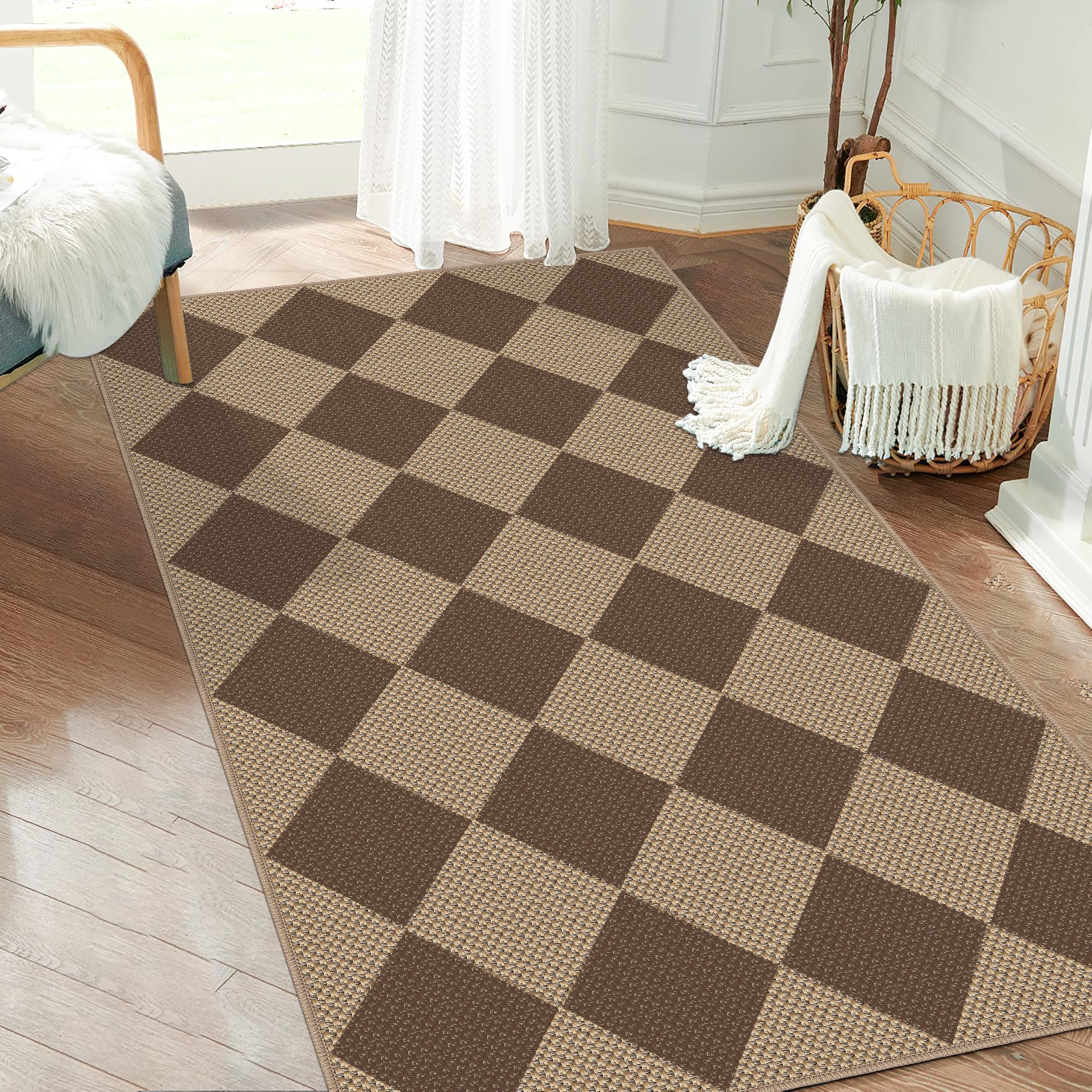 Capslpad Teppich Läufer Flur Karierter Jute Aussehen KüchenTeppich Natürlich Waschbar Teppich Braun rutschfest Wohnzimme Läufer Flur Eingang, Küche, Schlafzimmer, Balkon