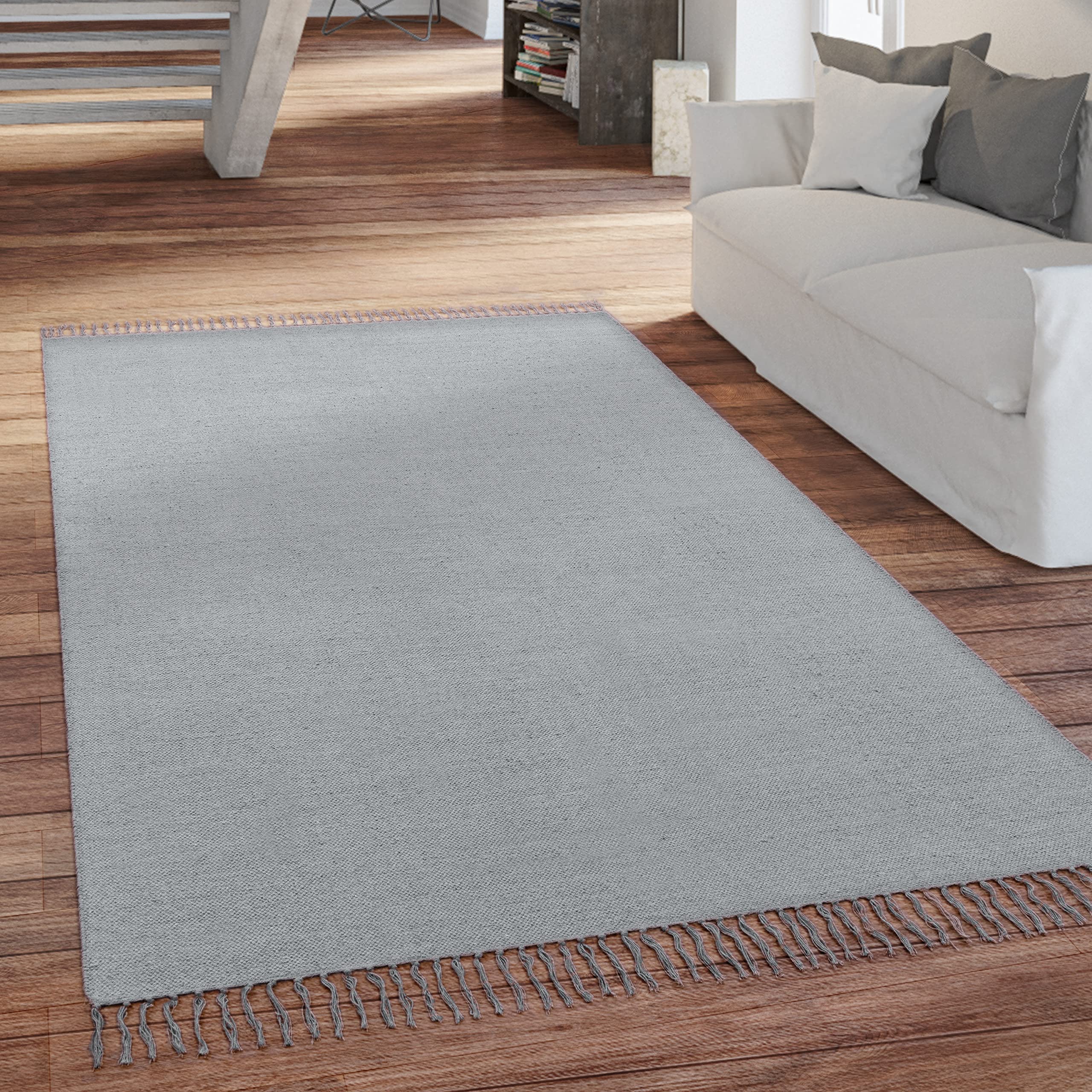 Paco Home Teppich Wohnzimmer Schlafzimmer Boho Style Flachgewebe Modern Baumwolle Mit Fransen Handgearbeitet Einfarbig, Grösse:80x250 cm, Farbe:Grau