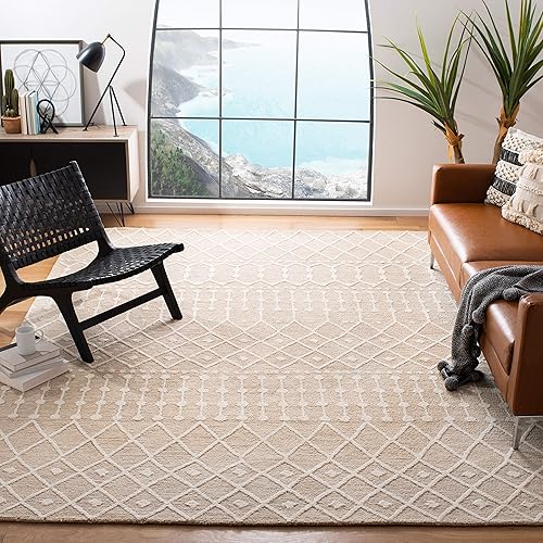 SAFAVIEH Blossom Collection - Alfombra de área de 9 x 12 pies, beige y marfil, lana marroquí hecha a mano, ideal para zonas de alto tráfico en sala