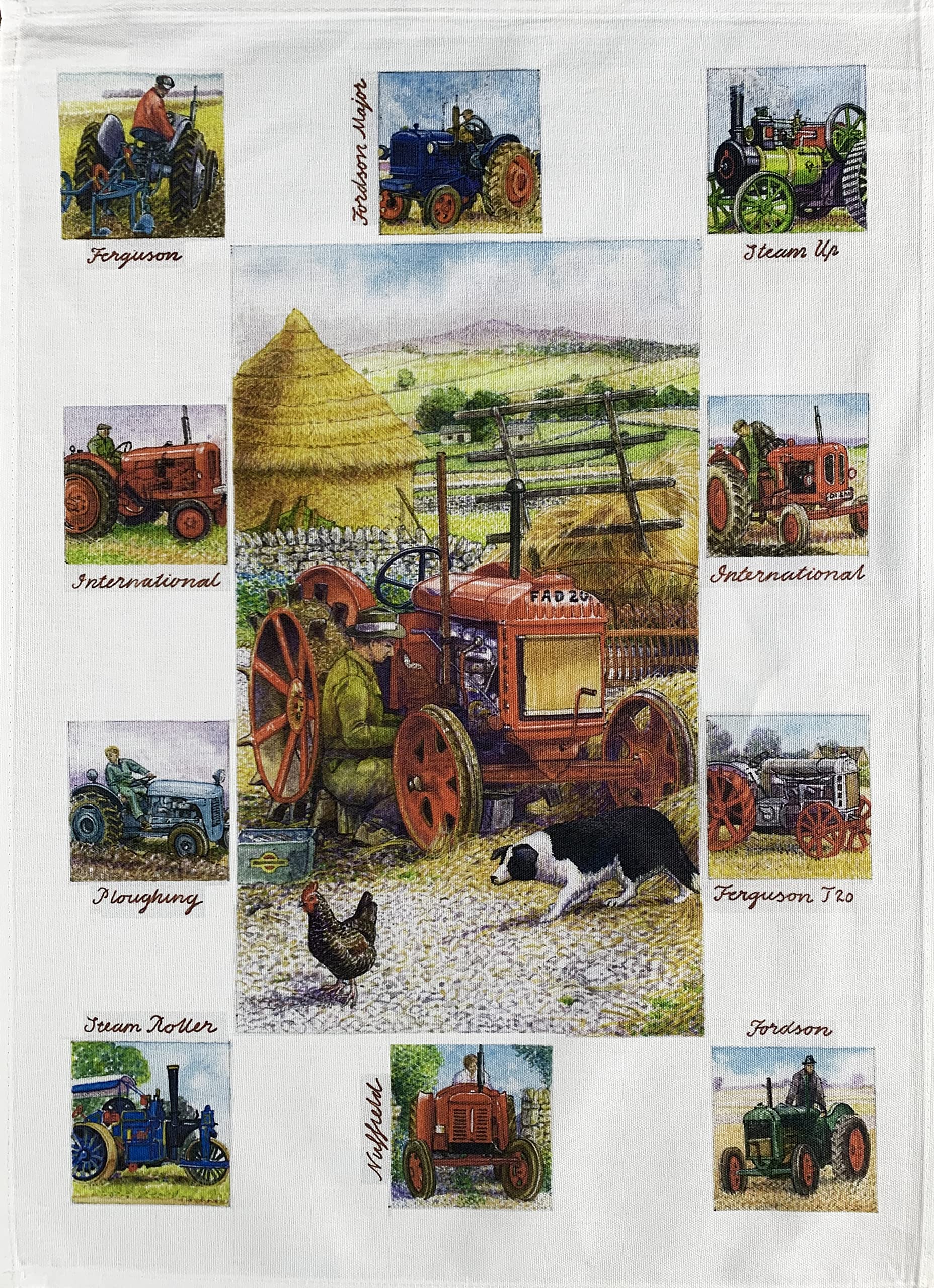Half A Donkey White Farm Tractors Collection Large Cotton Tea Towel
