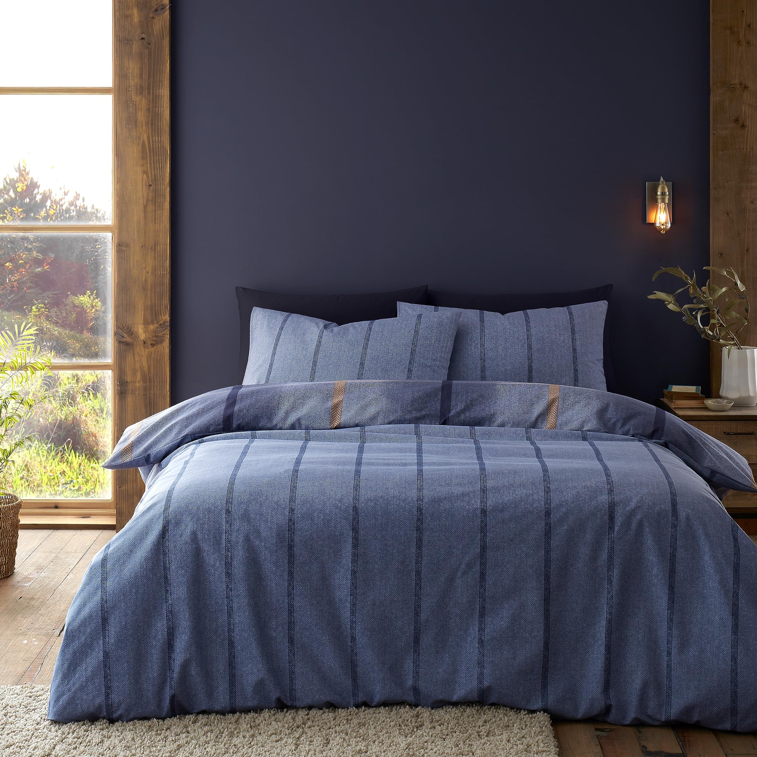 Catherine Lansfield Brushed Cotton Melrose Tweed Check Reversible Double Duvet Cover Set including Pillowcases Blue - Image 2