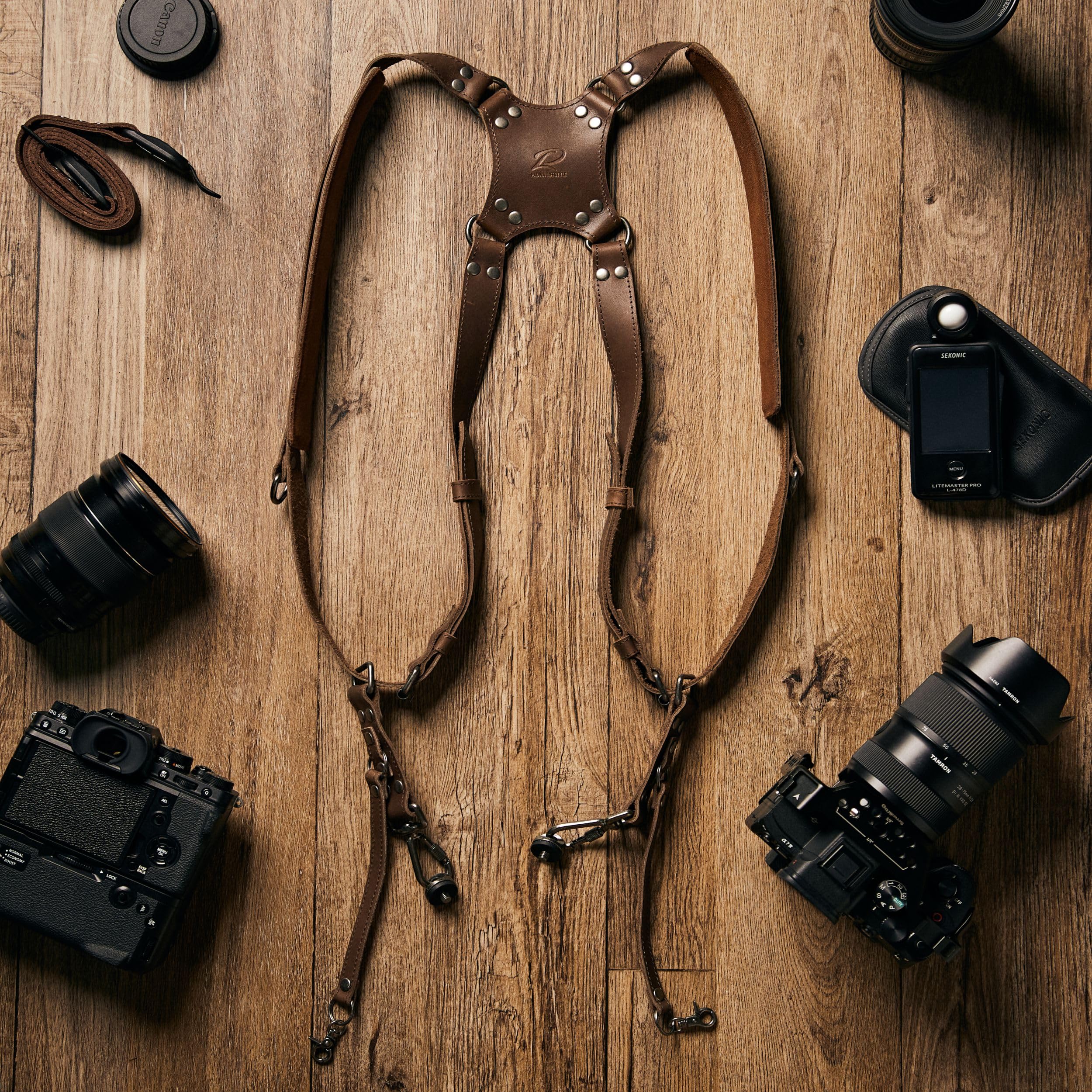 Padwa Lifestyle Doppia cinghia per fotocamera per due fotocamere, doppia tracolla in pelle pieno fiore, attrezzatura multi doppia fotocamera per DSLR/SLR, doppia imbracatura per fotocamera per