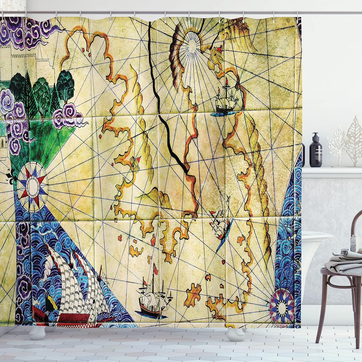 Ambesonne Compass Shower Curtain, Old Nautical Chart Map Historical Territories Geographical Illustration, Cloth Fabric Bathroom Decor Set with Hooks, 69" W x 84" L, Beige Navy