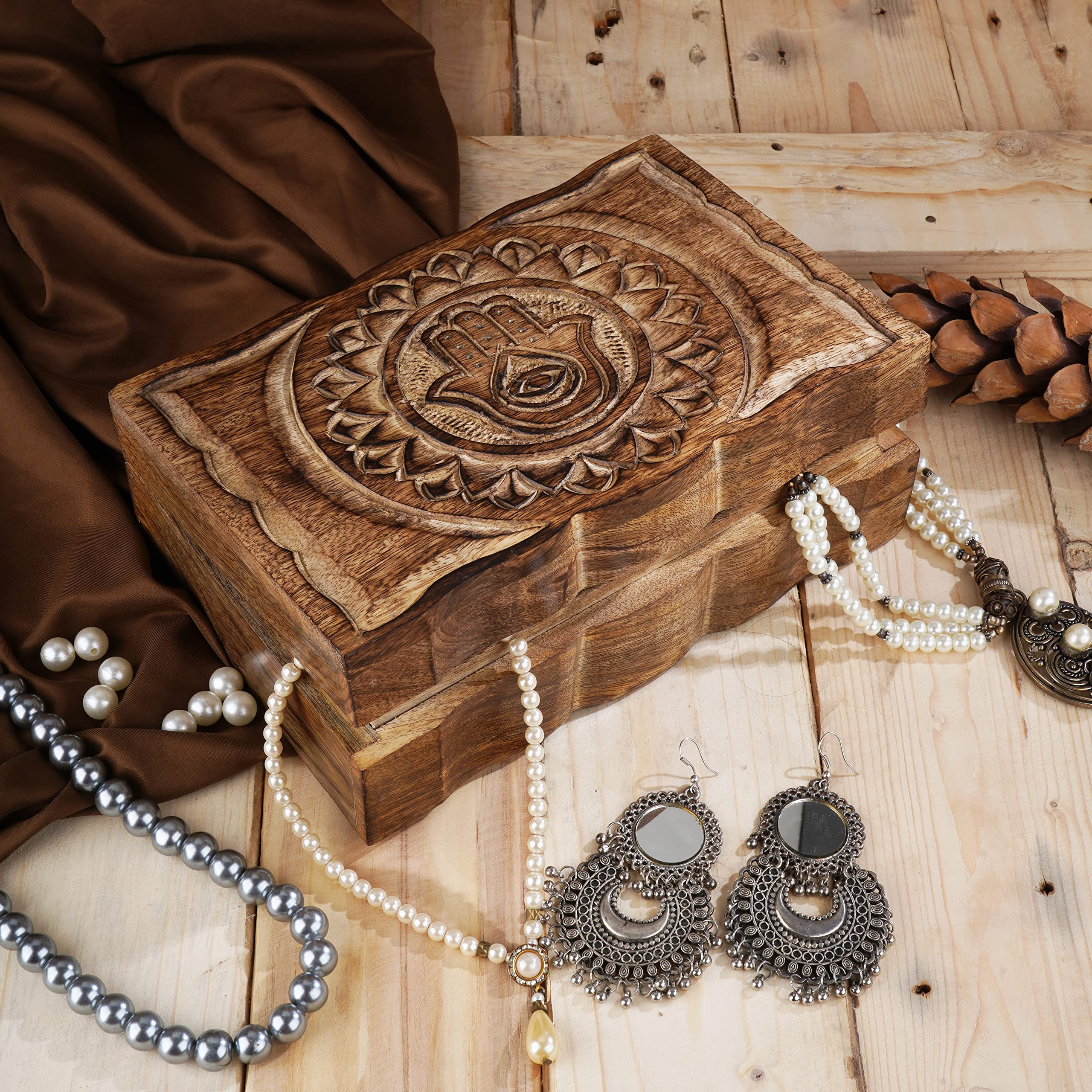 Boîte Décorative En Bois Sculpté à La Main – Motif Peace, Rangement Bijoux, Montre, Souvenirs | Dimensions 20x13x6 Cm