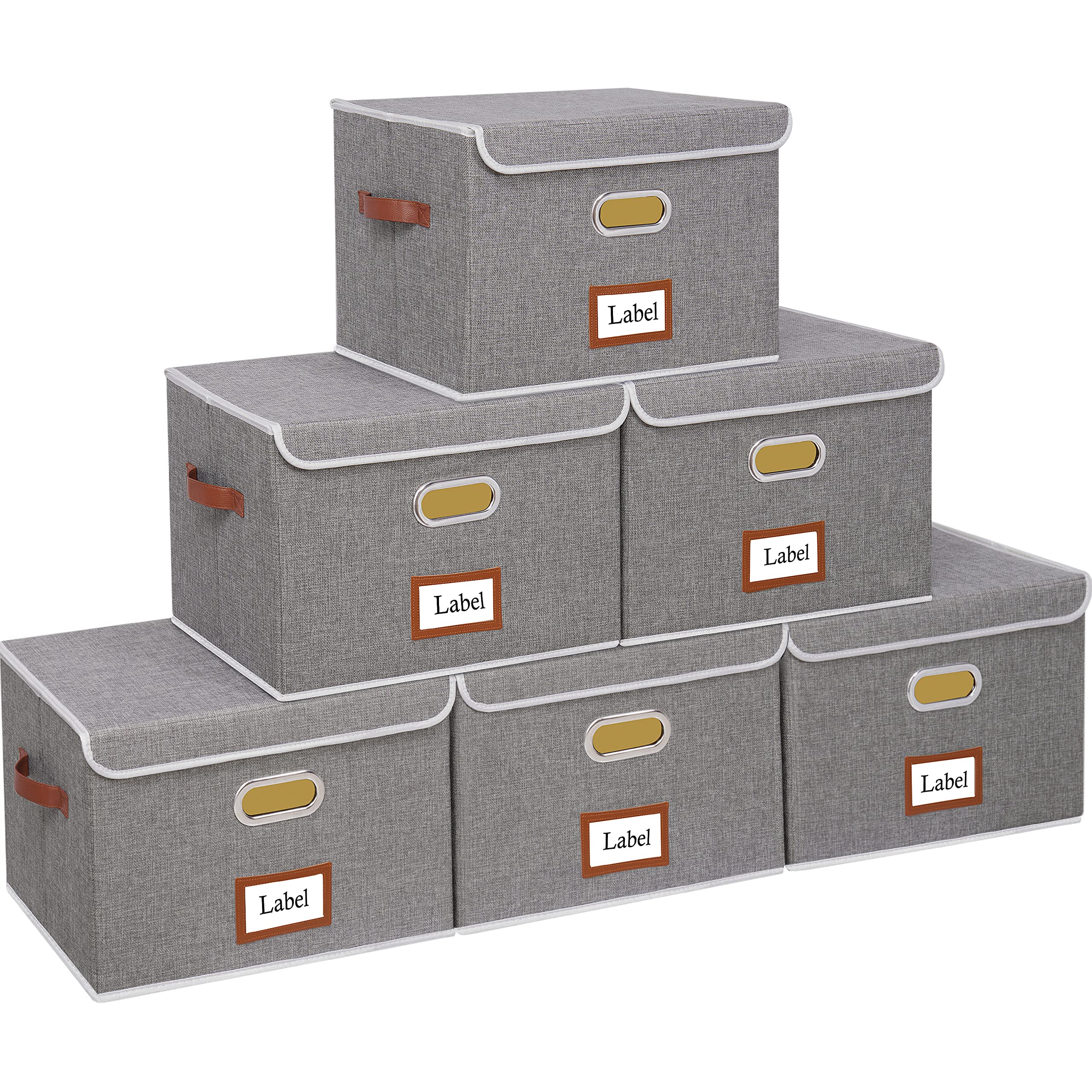 Yawinhe 6-Pack Storage Boxes with Lids, Storage Baskets Cubes, 13x9x7.9Inch, Fabric Storage Bins Organizer Containers with Dual Leather Handles for Home Bedroom Closet Office (Grey, 6-Pack)