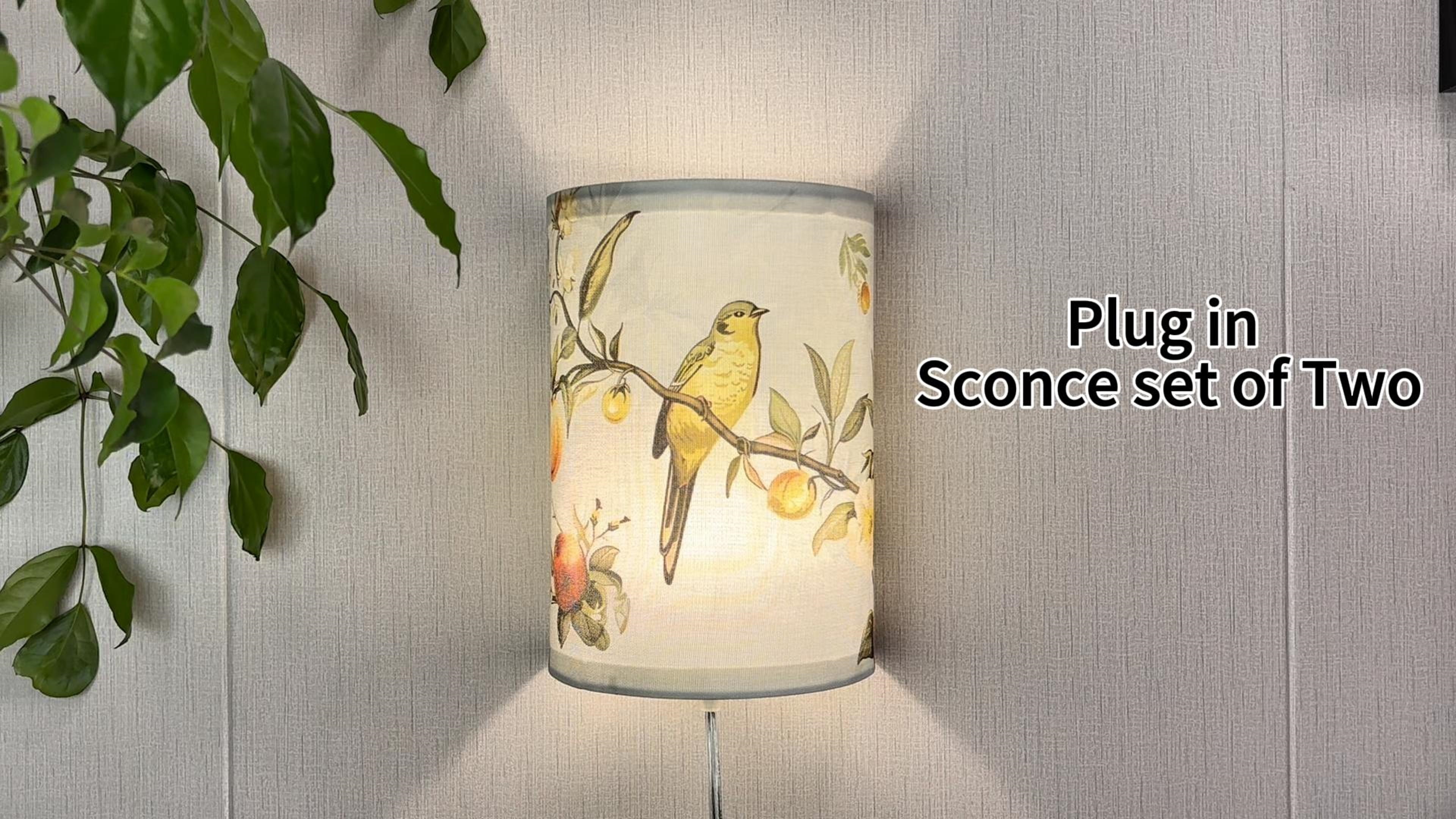 Image of Wall Sconces Set of Two Plug in, Fabric Wall Lamp with On /Off Switch, Plug in Sconce with Floral and Bird Print, Rustic Bedside Sconces Decor for Bedroom, Living Room, Blue(Bulb not Include)